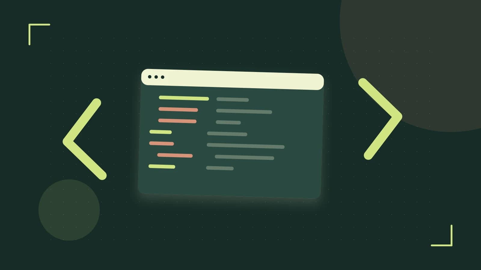 Editorial illustration of an abstract code editor, syntax blocks and oversized programming brackets