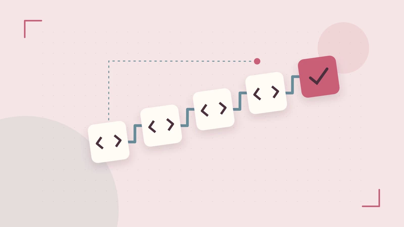 Editorial illustration of a branching build pipeline, staged transformations and a completed check