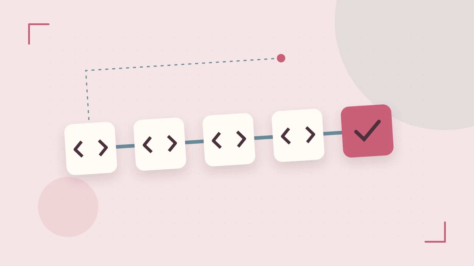 Editorial illustration of a branching build pipeline, staged transformations and a completed check