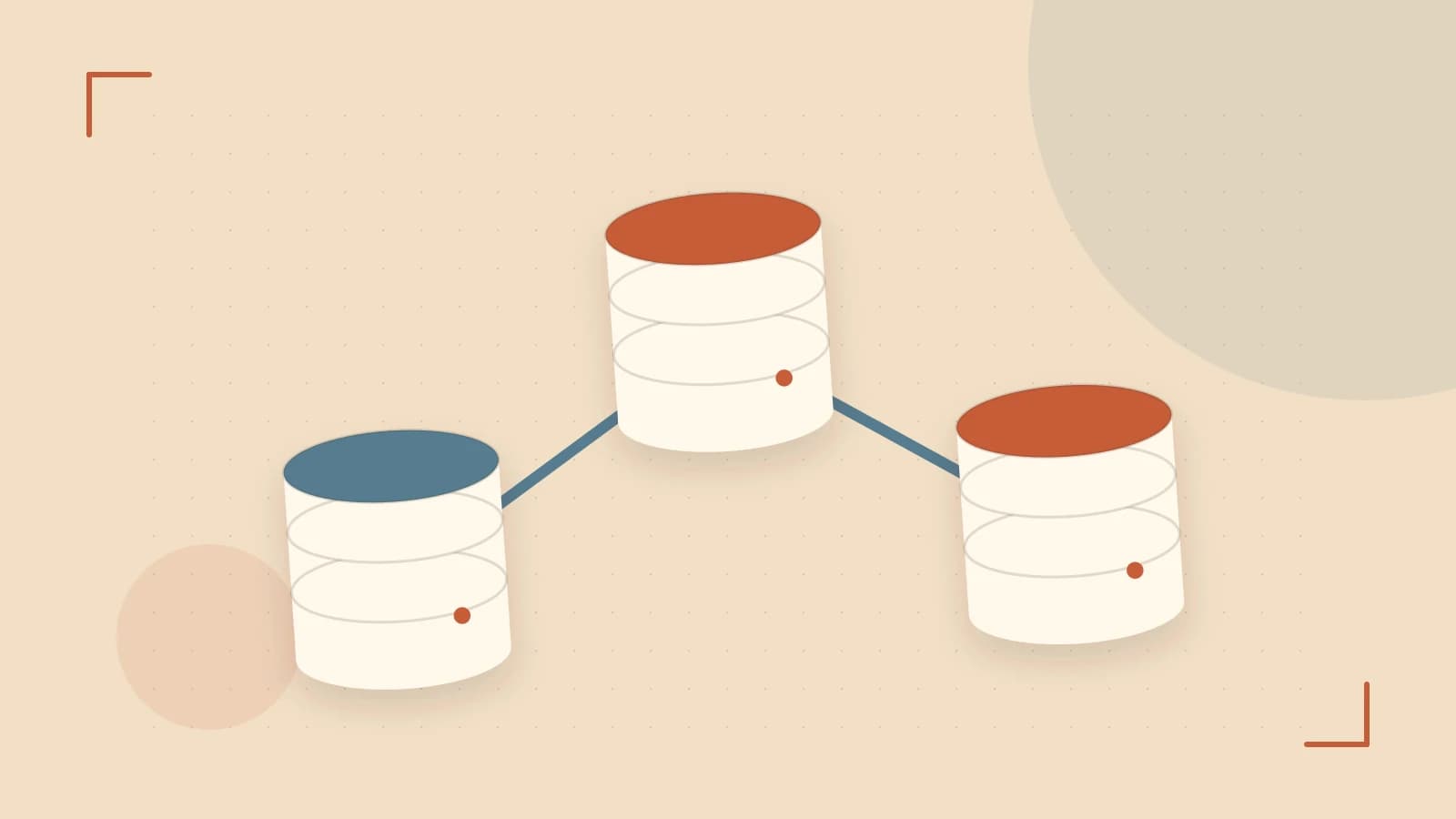 Editorial illustration of structured records, database cylinders and relationships between tables