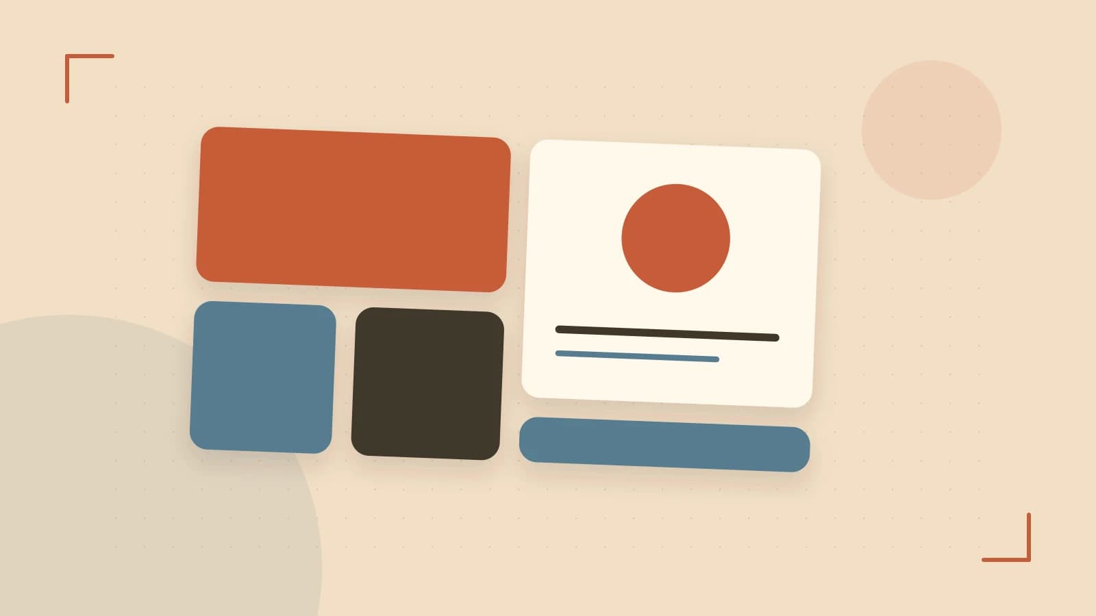 Editorial illustration of responsive browser layouts, overlapping design components and a color system