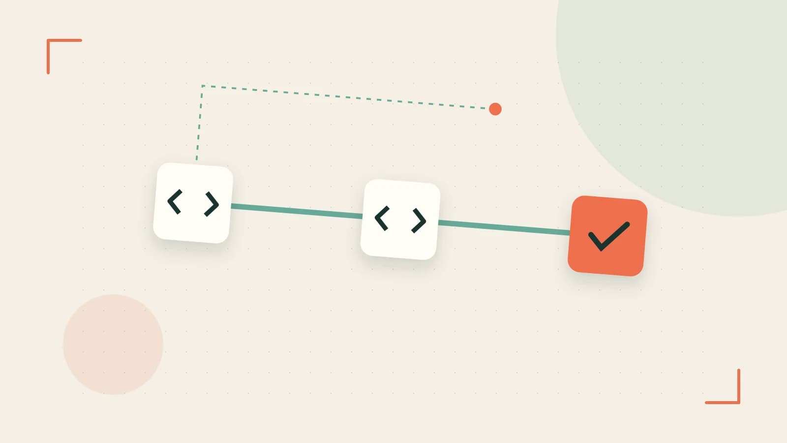 Editorial illustration of a branching build pipeline, staged transformations and a completed check