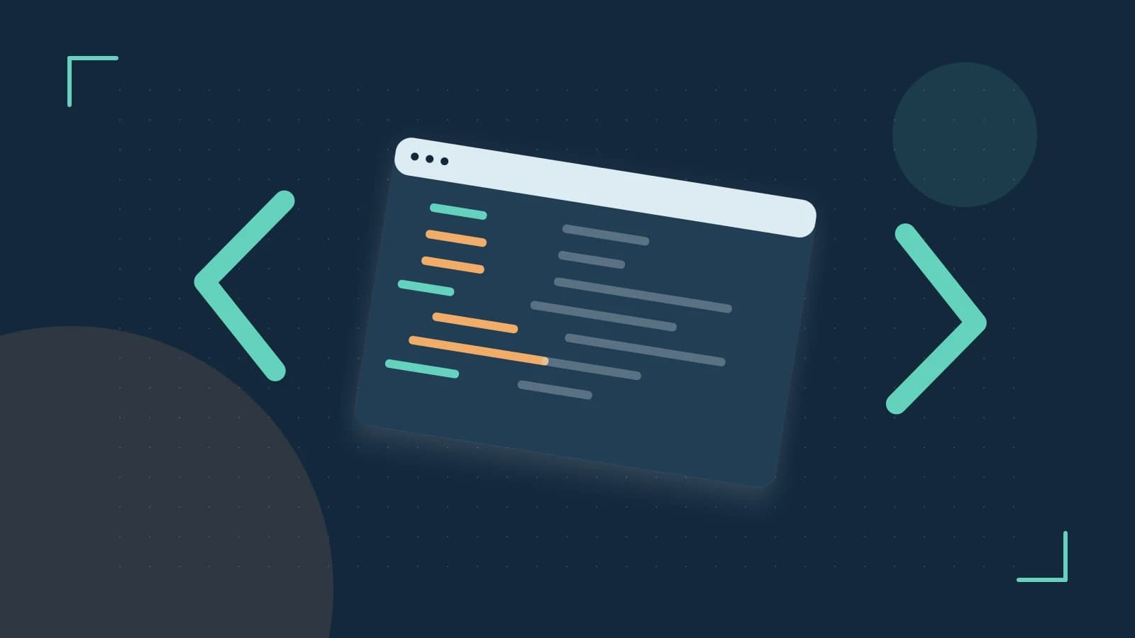 Editorial illustration of an abstract code editor, syntax blocks and oversized programming brackets