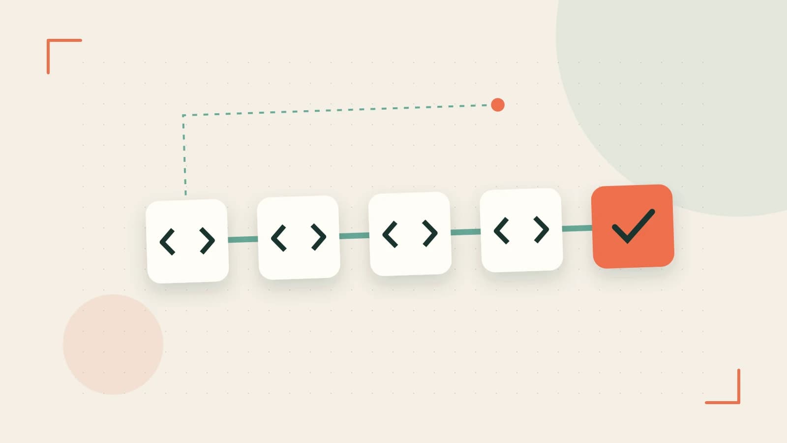 Editorial illustration of a branching build pipeline, staged transformations and a completed check