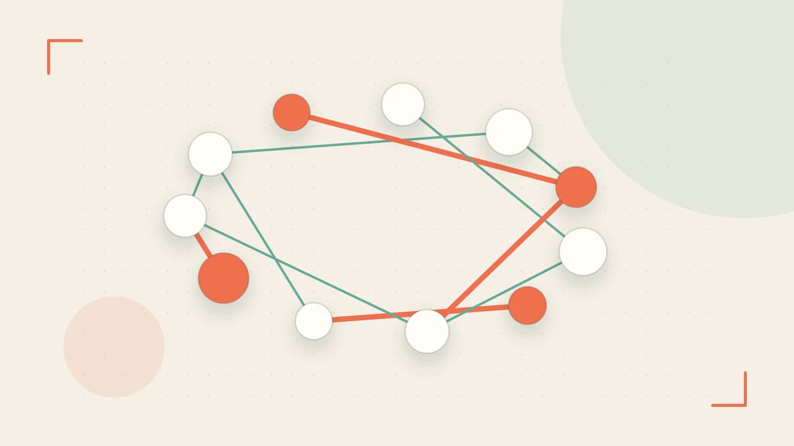 Editorial illustration of an algorithmic node graph with branching paths and a highlighted result