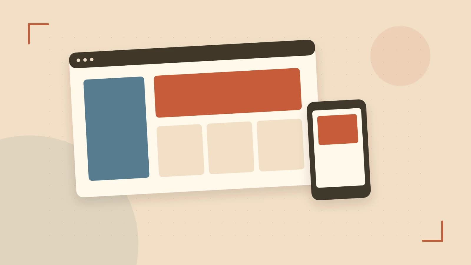 Editorial illustration of responsive browser layouts, overlapping design components and a color system