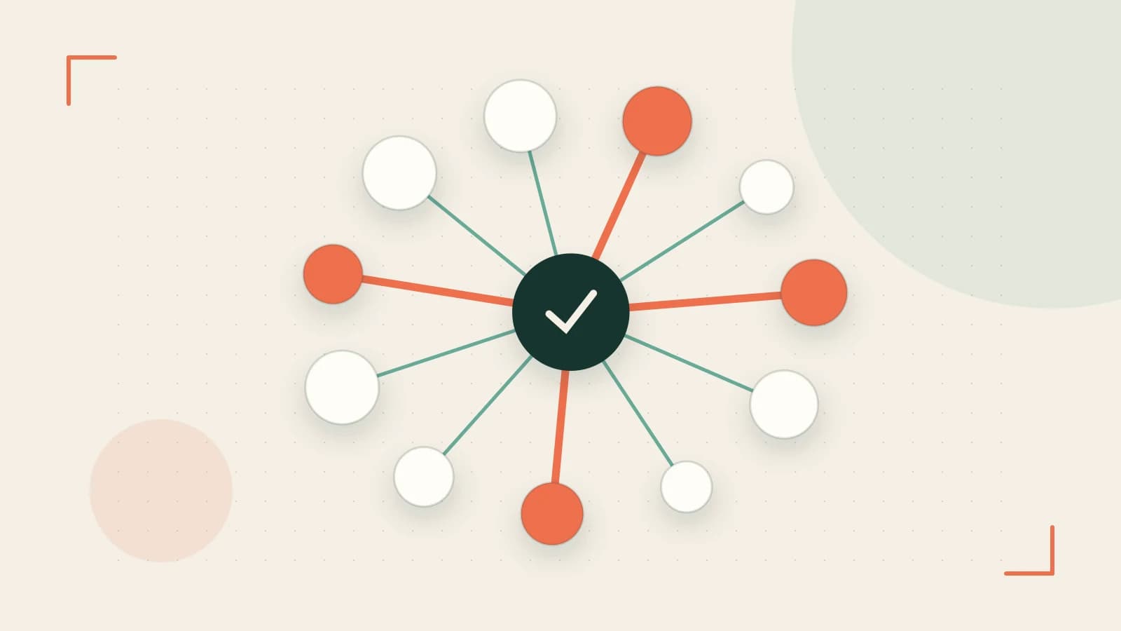 Editorial illustration of an algorithmic node graph with branching paths and a highlighted result