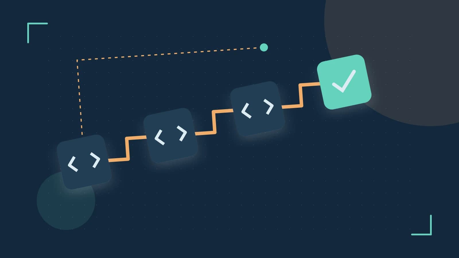 Editorial illustration of a branching build pipeline, staged transformations and a completed check