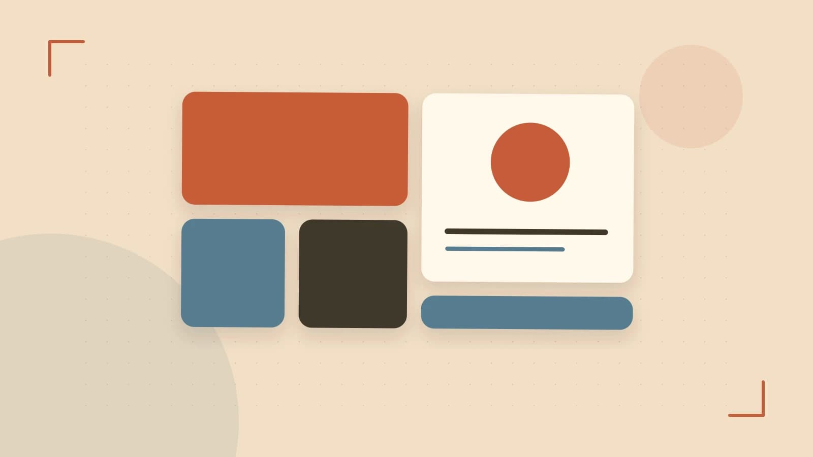 Editorial illustration of responsive browser layouts, overlapping design components and a color system