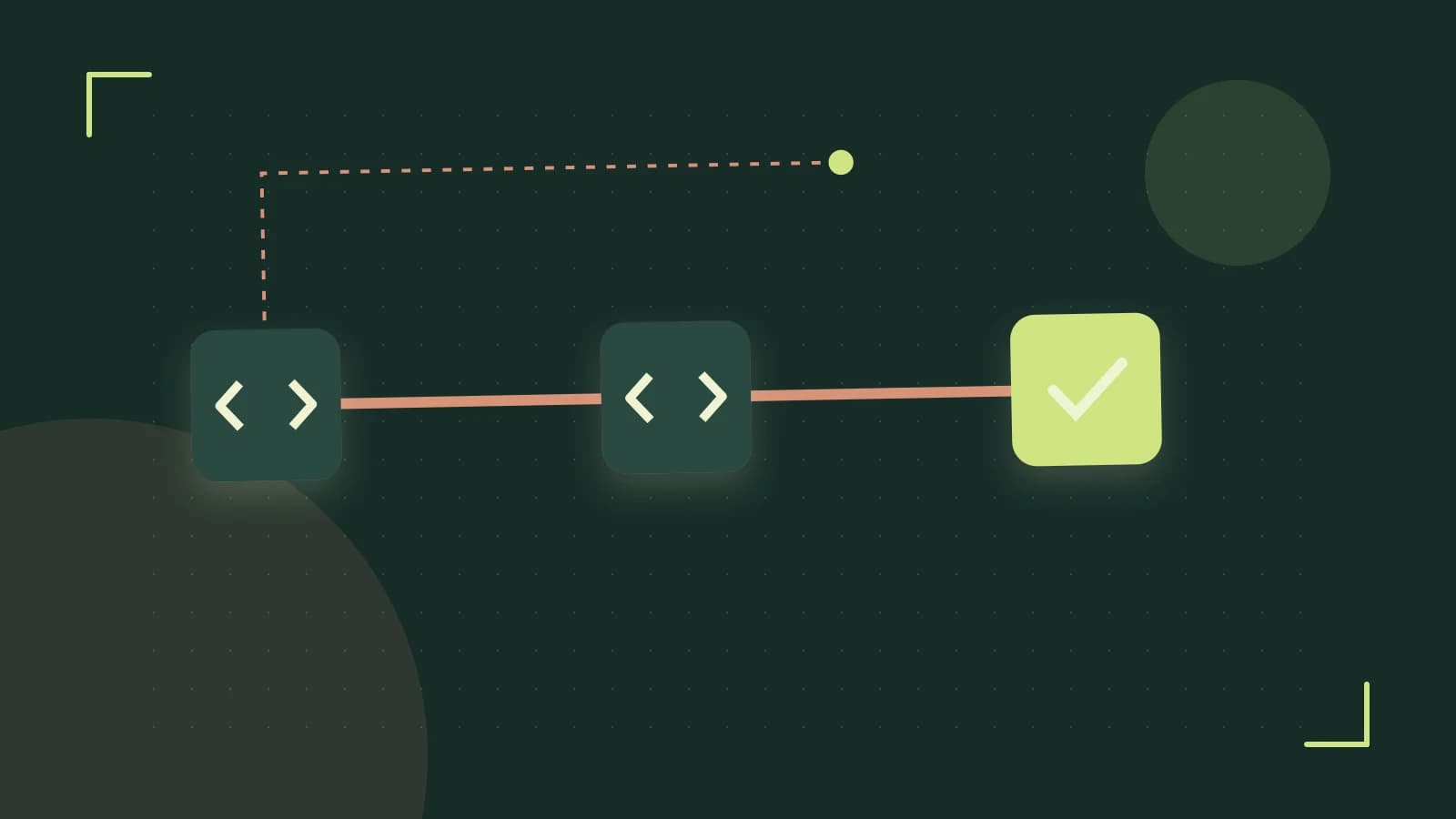 Editorial illustration of a branching build pipeline, staged transformations and a completed check