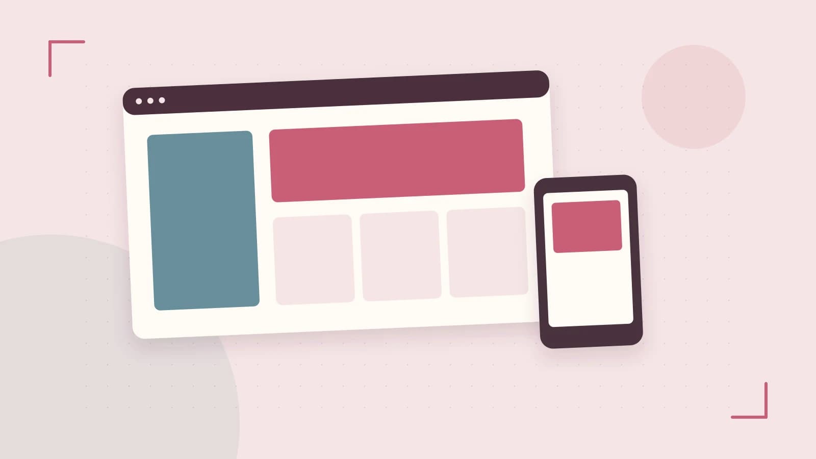 Editorial illustration of responsive browser layouts, overlapping design components and a color system