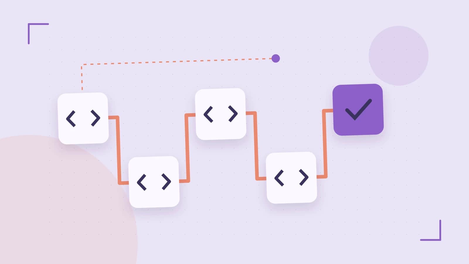 Editorial illustration of a branching build pipeline, staged transformations and a completed check
