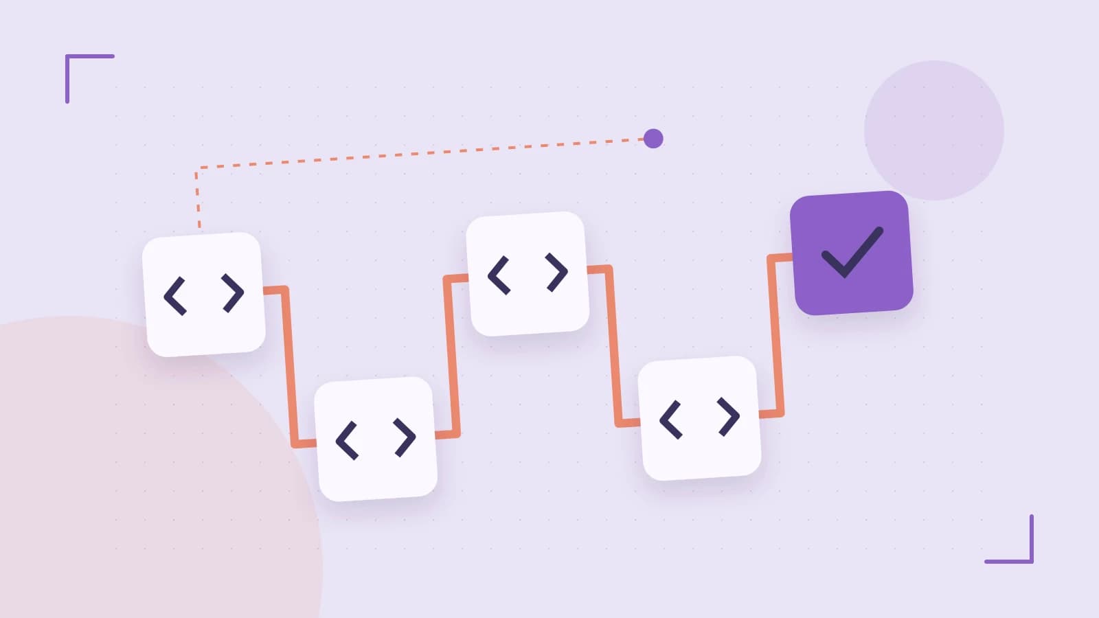 Editorial illustration of a branching build pipeline, staged transformations and a completed check