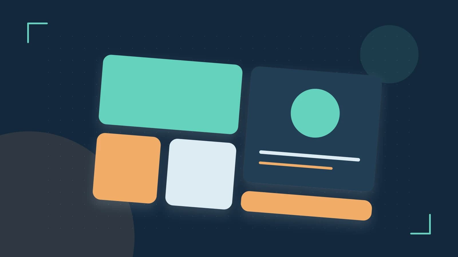 Editorial illustration of responsive browser layouts, overlapping design components and a color system