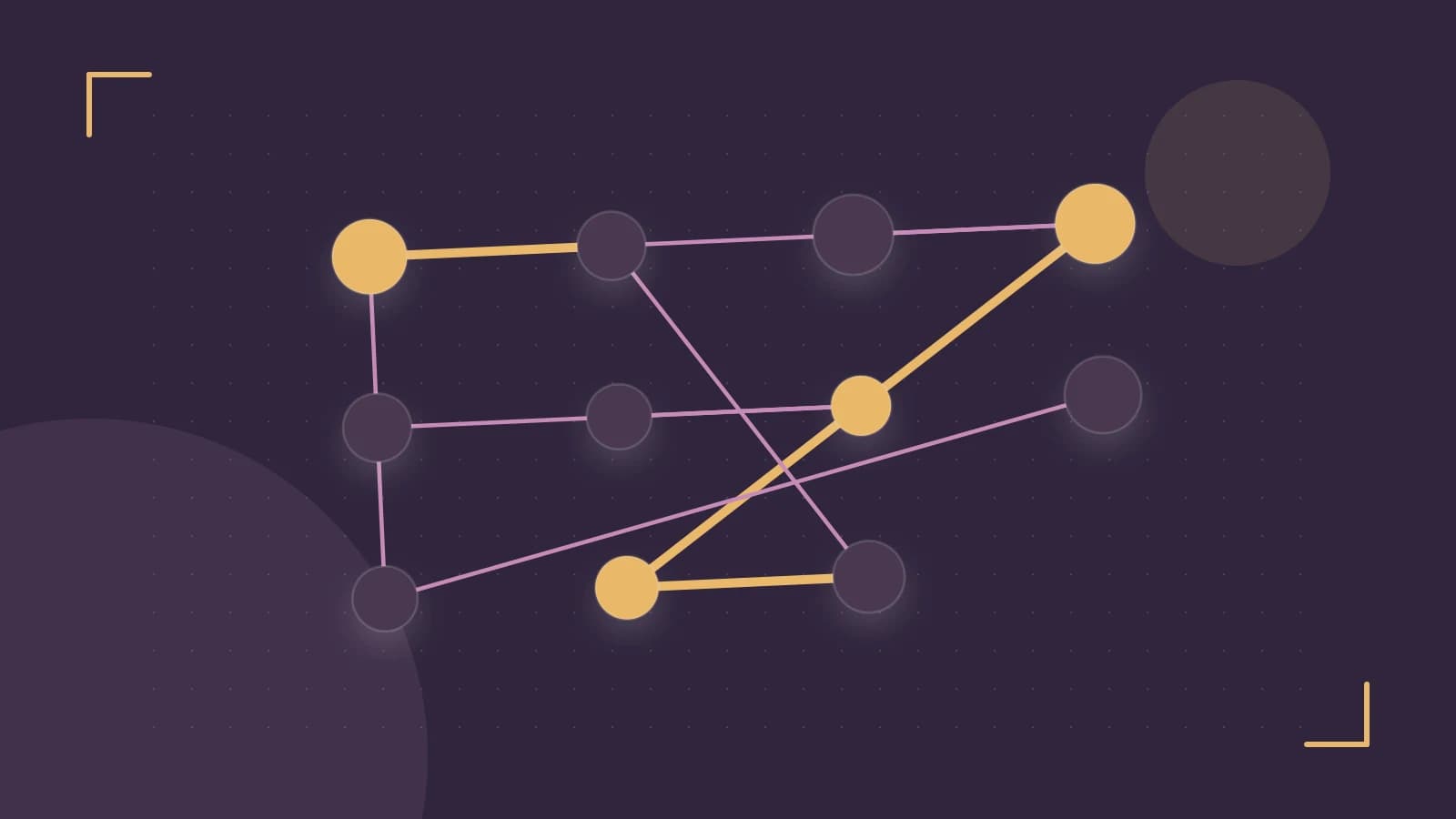 Editorial illustration of an algorithmic node graph with branching paths and a highlighted result