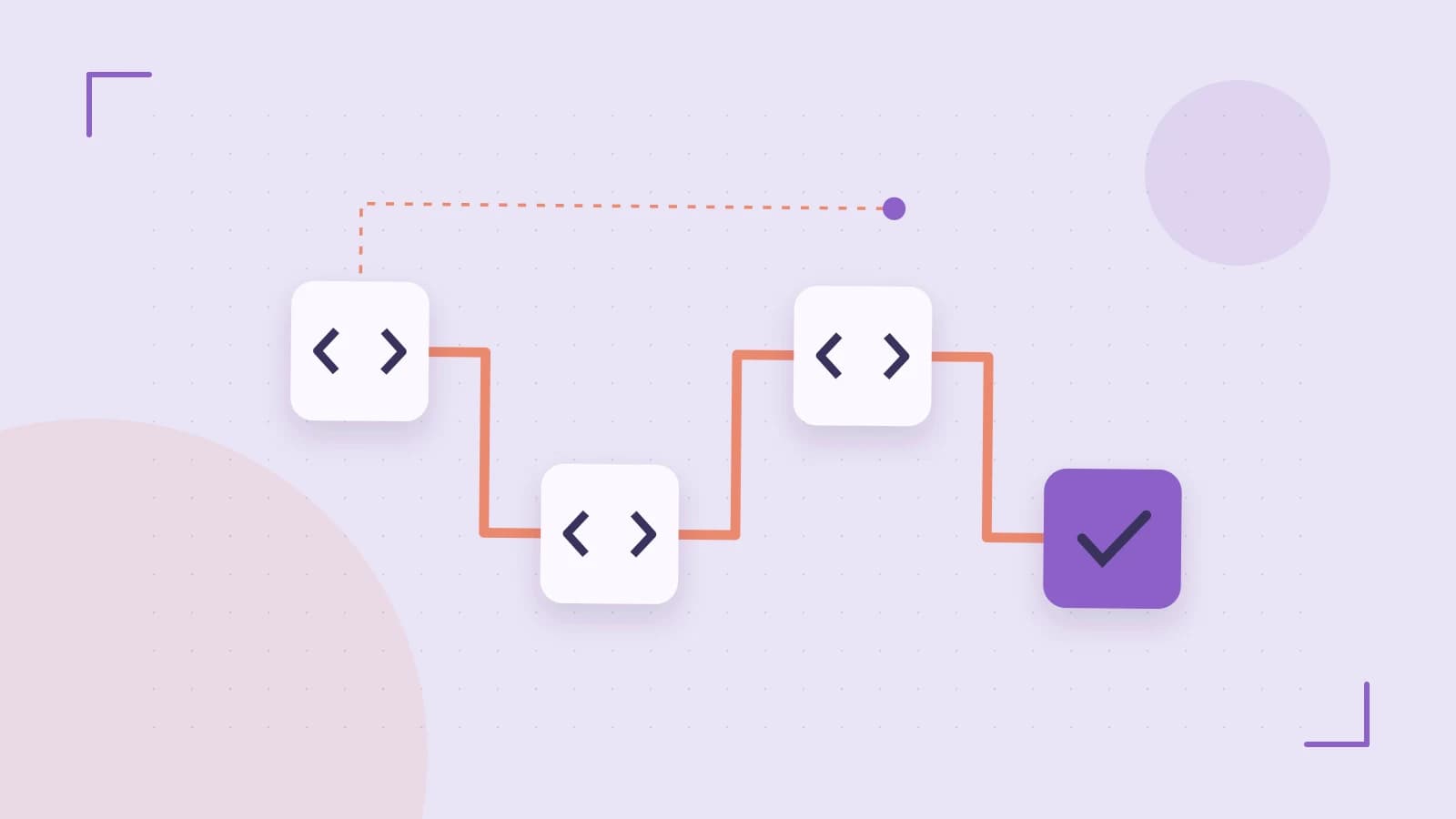 Editorial illustration of a branching build pipeline, staged transformations and a completed check
