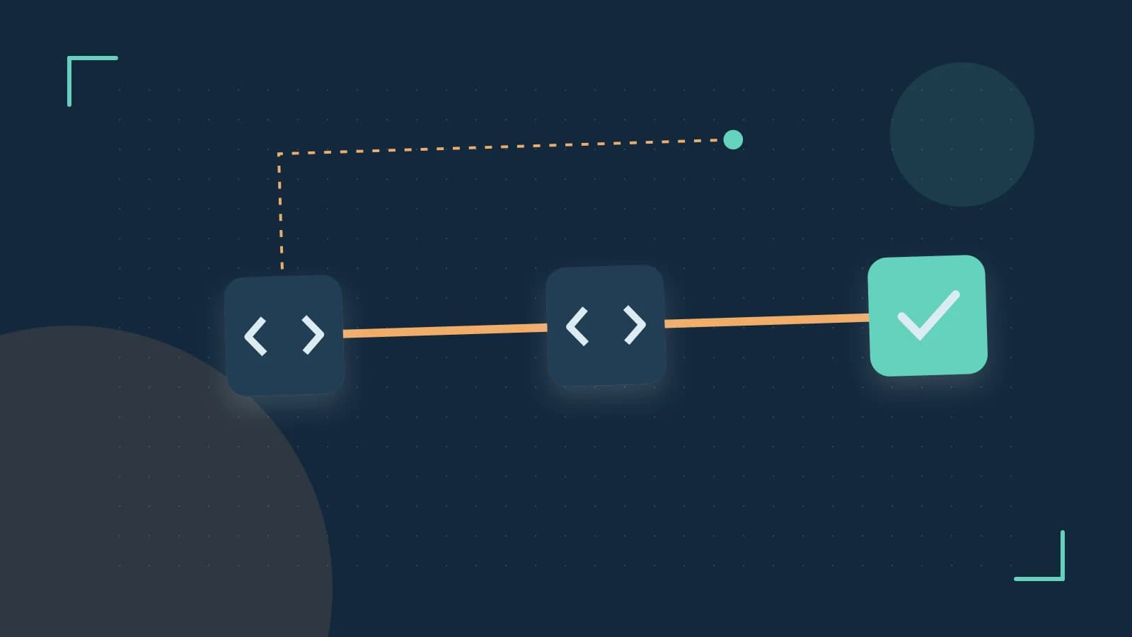 Editorial illustration of a branching build pipeline, staged transformations and a completed check