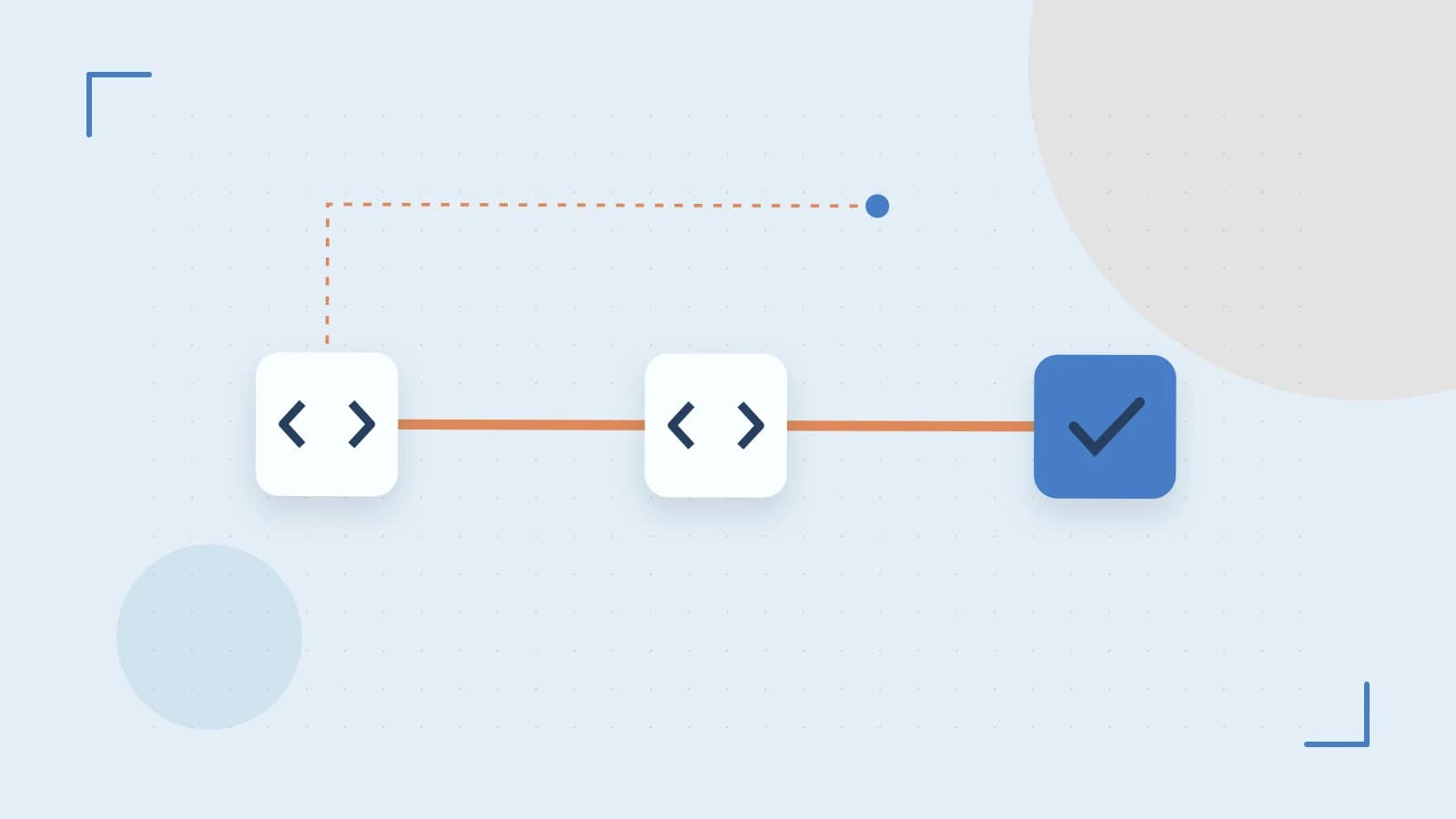 Editorial illustration of a branching build pipeline, staged transformations and a completed check