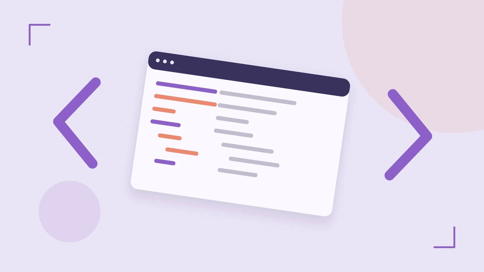 Editorial illustration of an abstract code editor, syntax blocks and oversized programming brackets