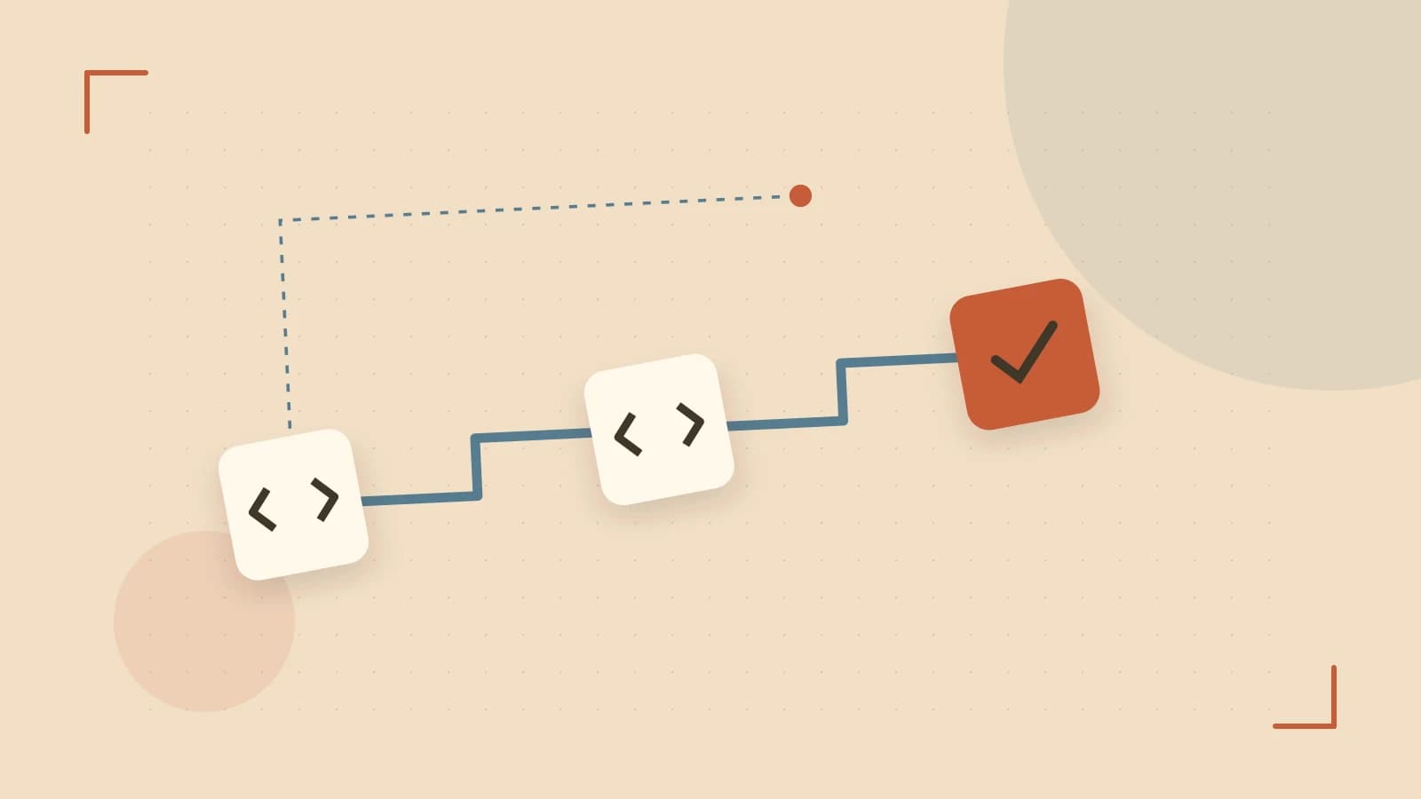 Editorial illustration of a branching build pipeline, staged transformations and a completed check