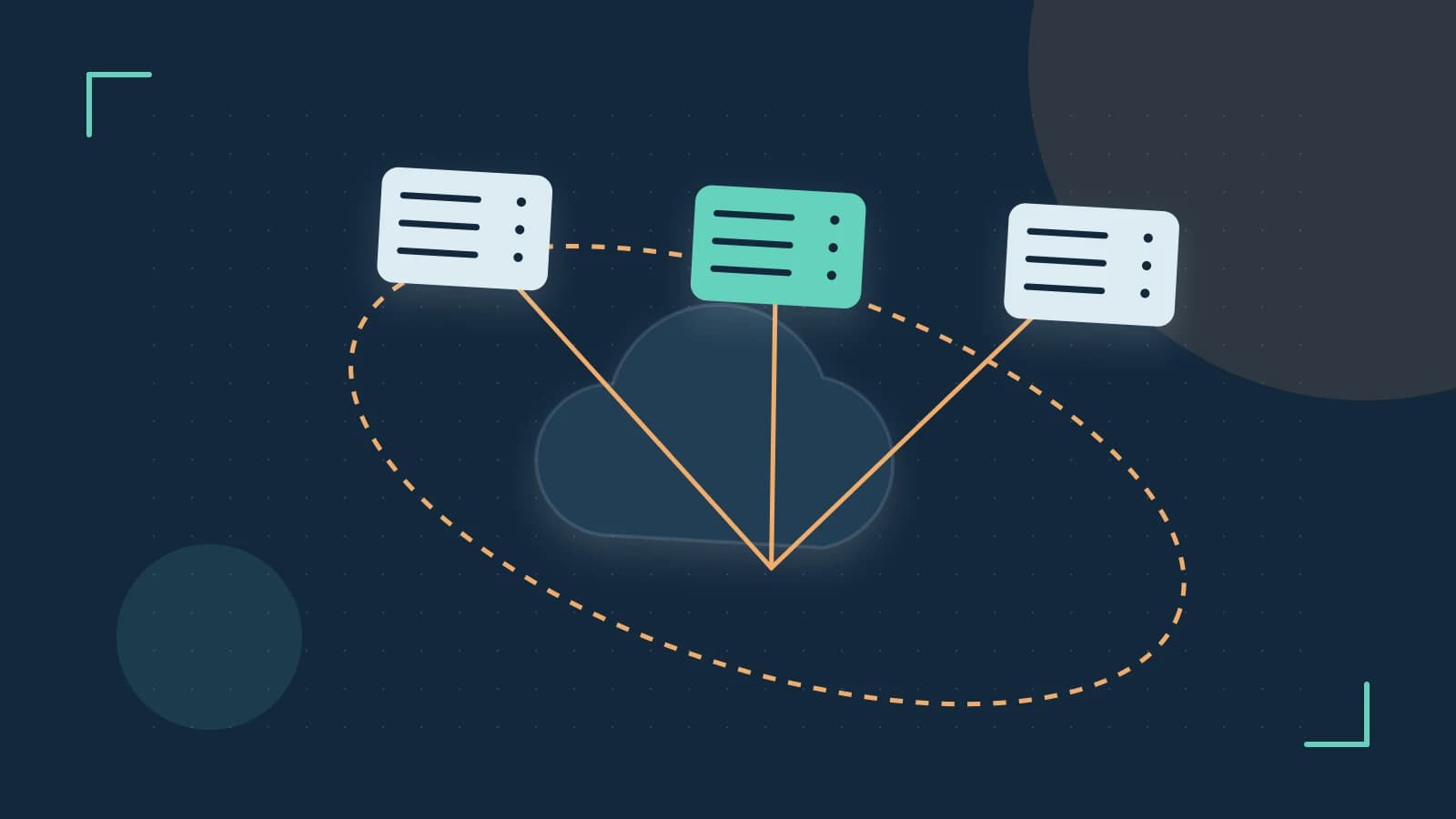 Editorial illustration of cloud infrastructure, connected server racks and an orbital service map