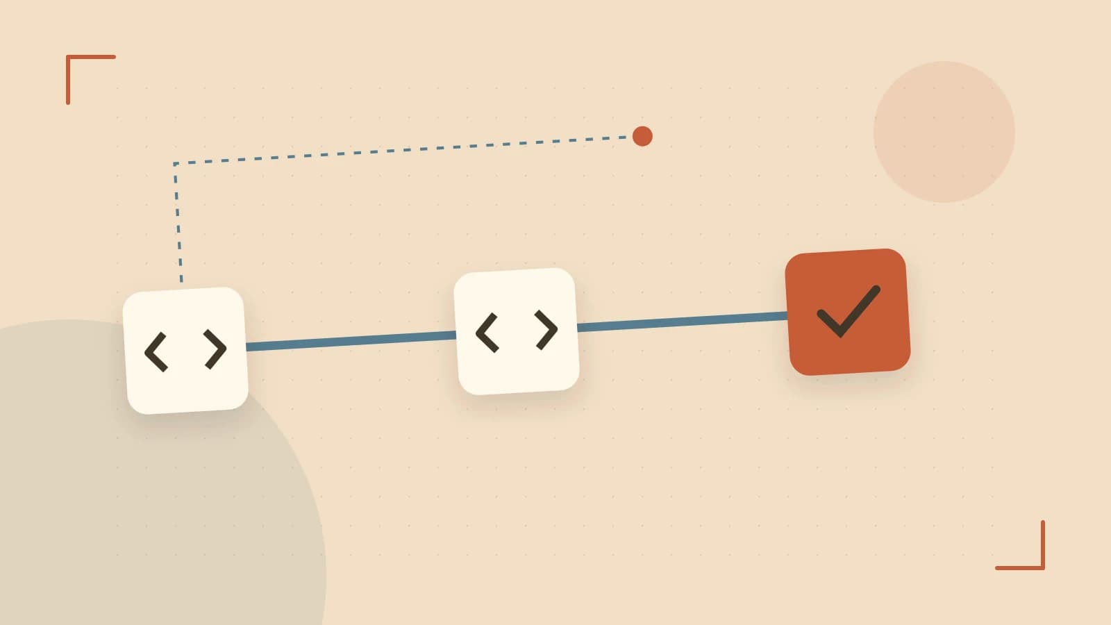 Editorial illustration of a branching build pipeline, staged transformations and a completed check