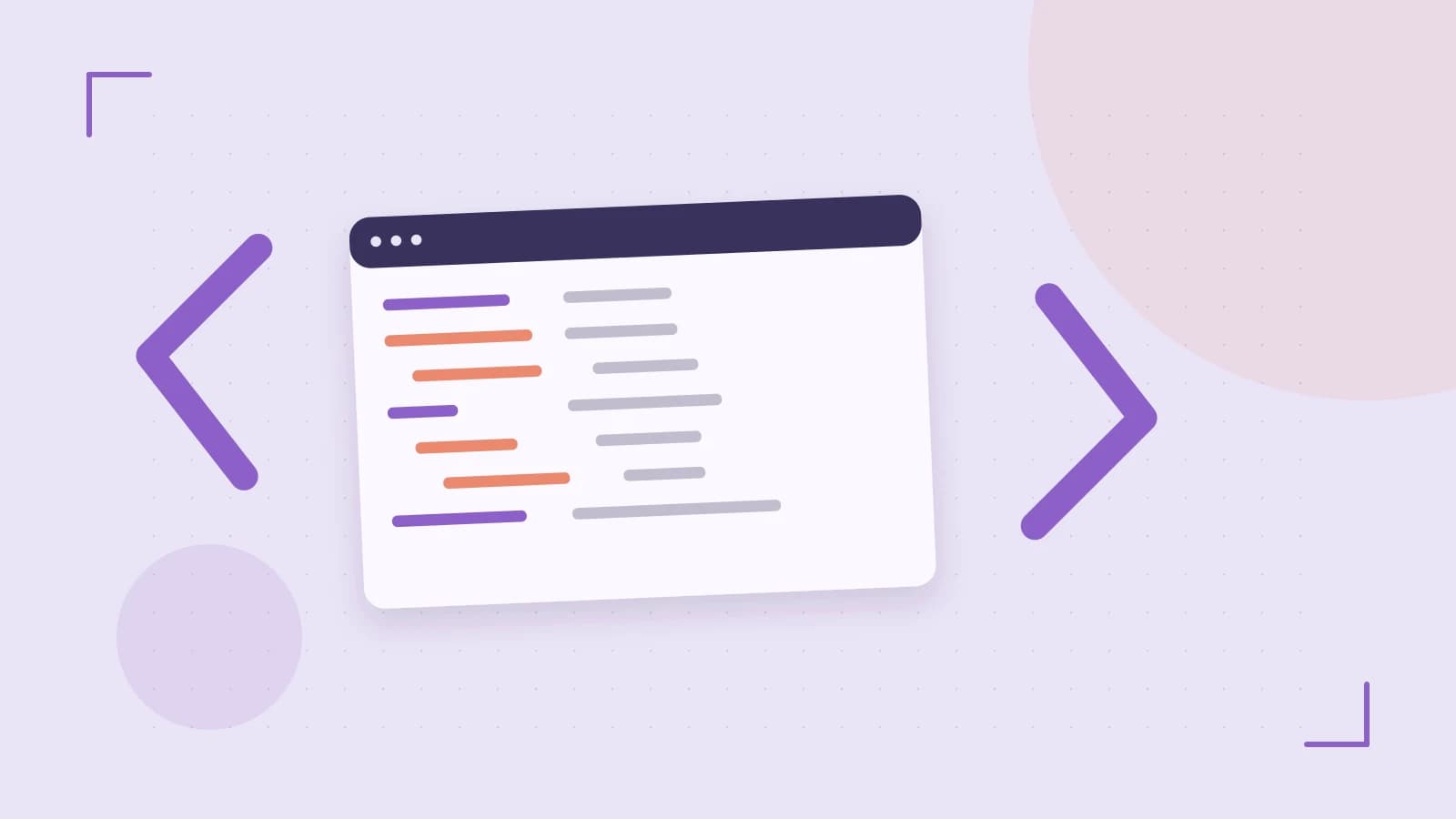 Editorial illustration of an abstract code editor, syntax blocks and oversized programming brackets