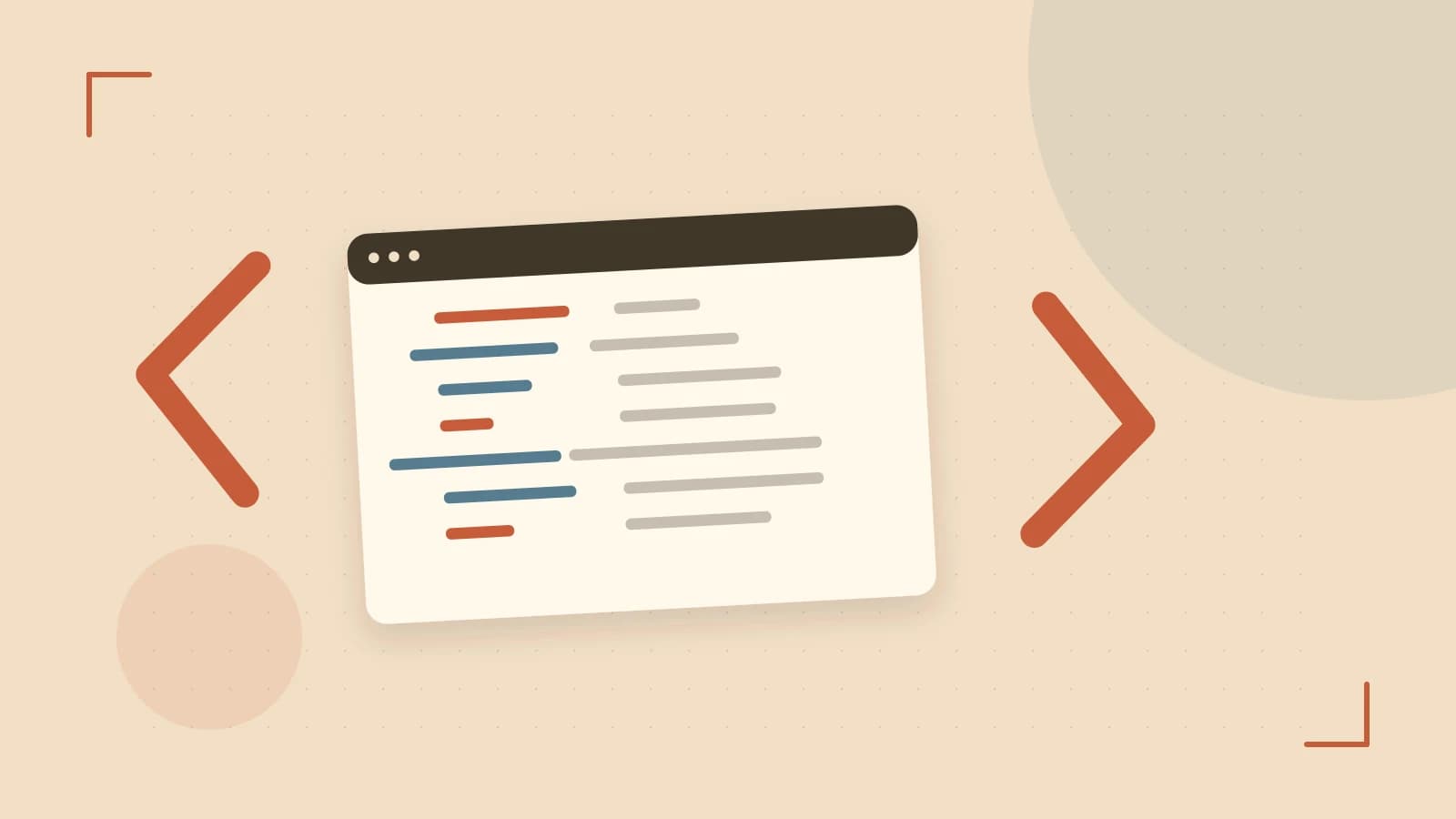 Editorial illustration of an abstract code editor, syntax blocks and oversized programming brackets