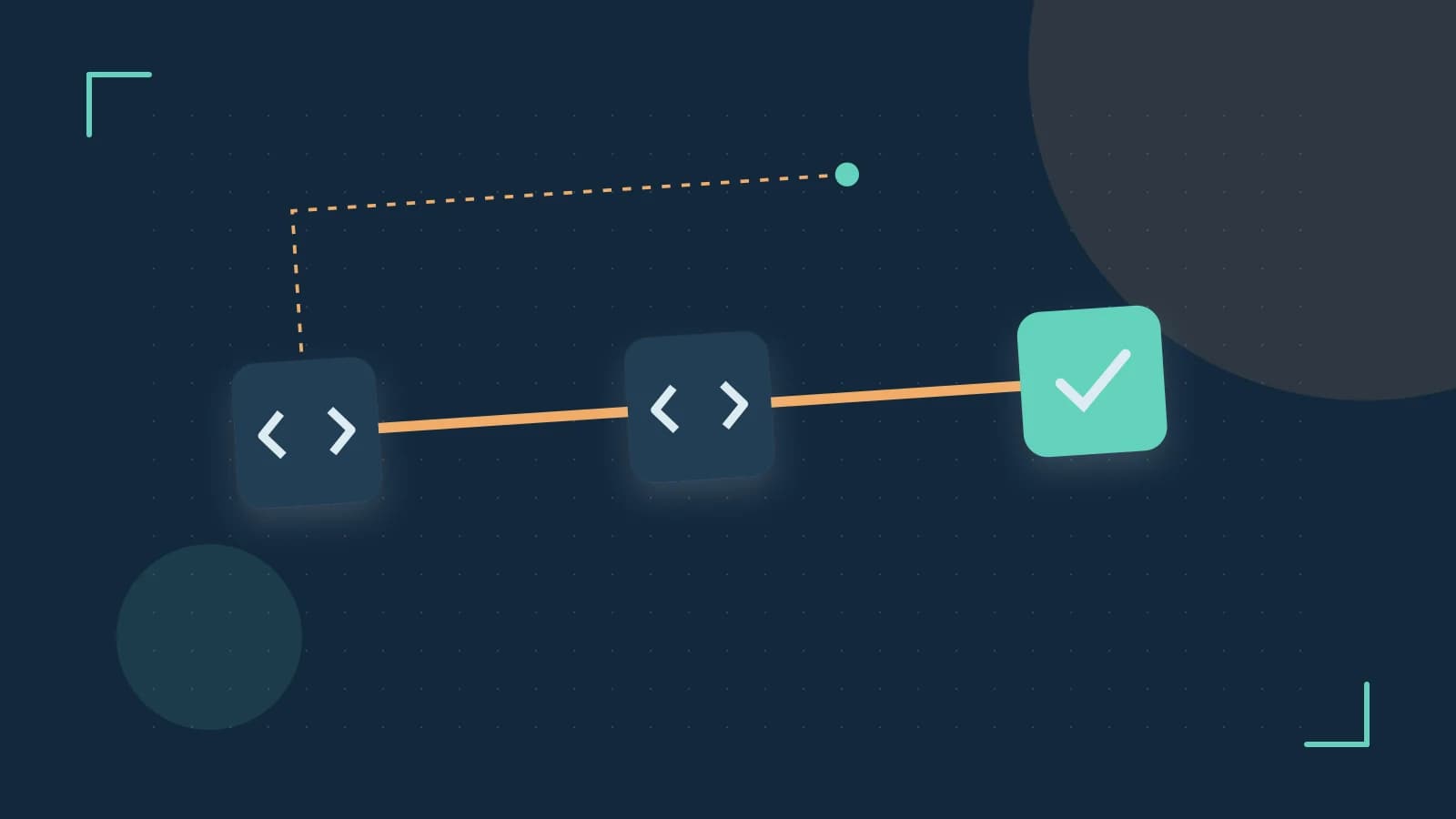 Editorial illustration of a branching build pipeline, staged transformations and a completed check