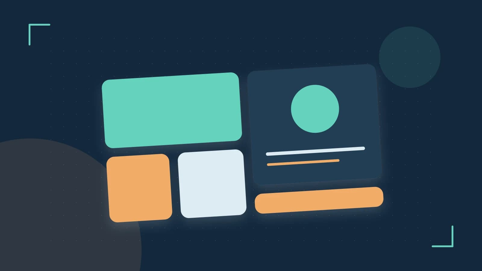 Editorial illustration of responsive browser layouts, overlapping design components and a color system