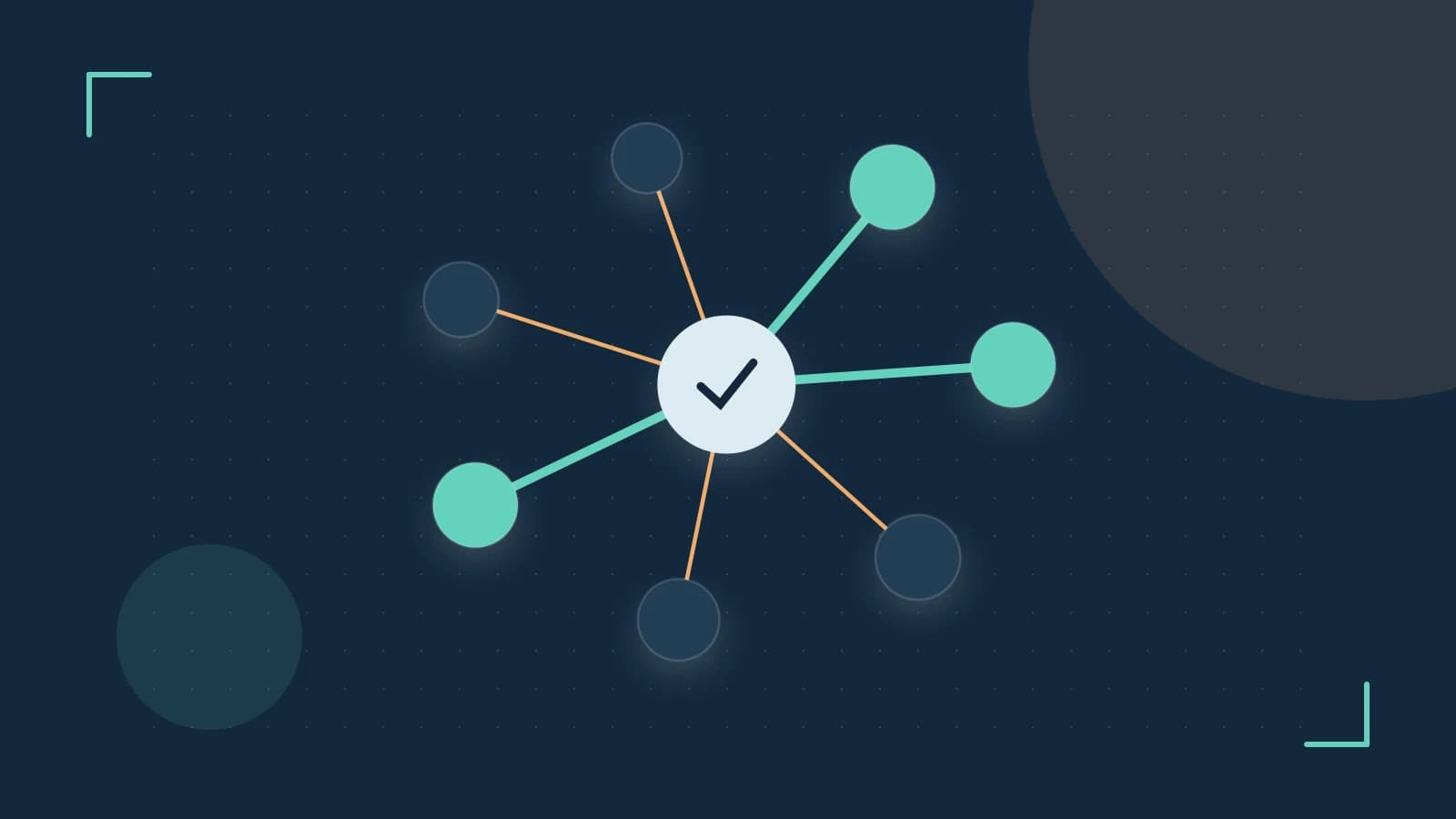 Editorial illustration of an algorithmic node graph with branching paths and a highlighted result