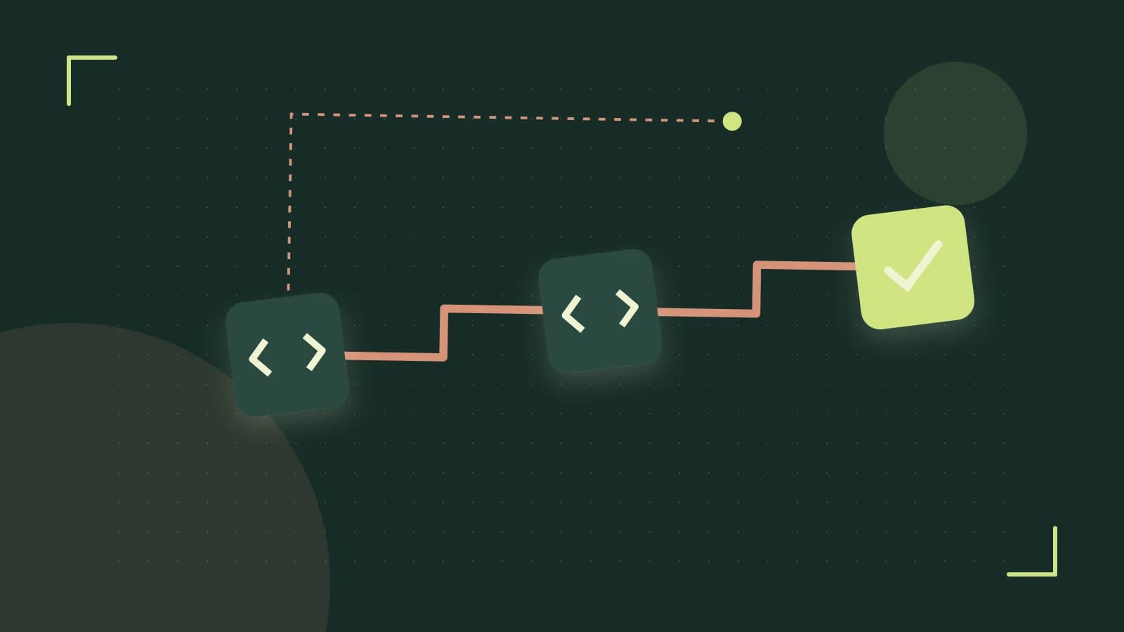 Editorial illustration of a branching build pipeline, staged transformations and a completed check