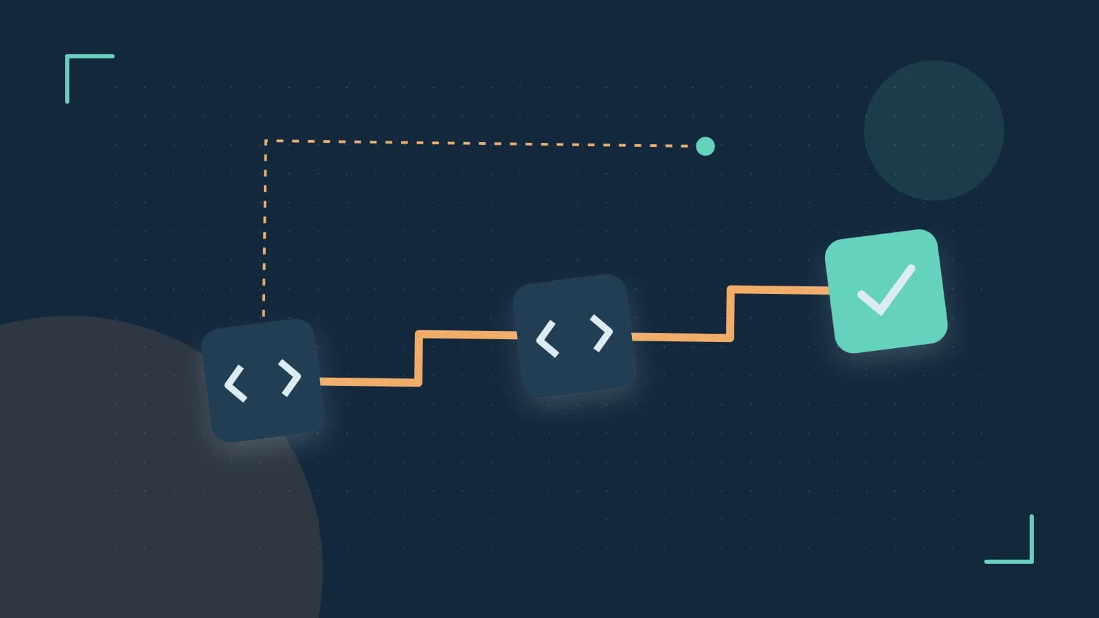 Editorial illustration of a branching build pipeline, staged transformations and a completed check