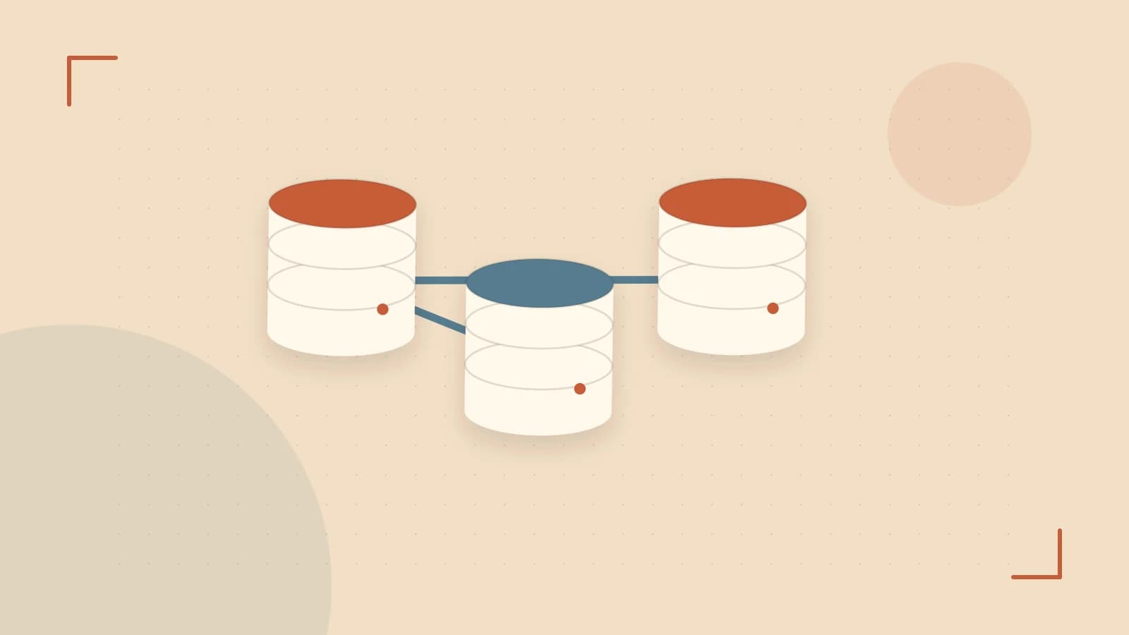 Editorial illustration of structured records, database cylinders and relationships between tables