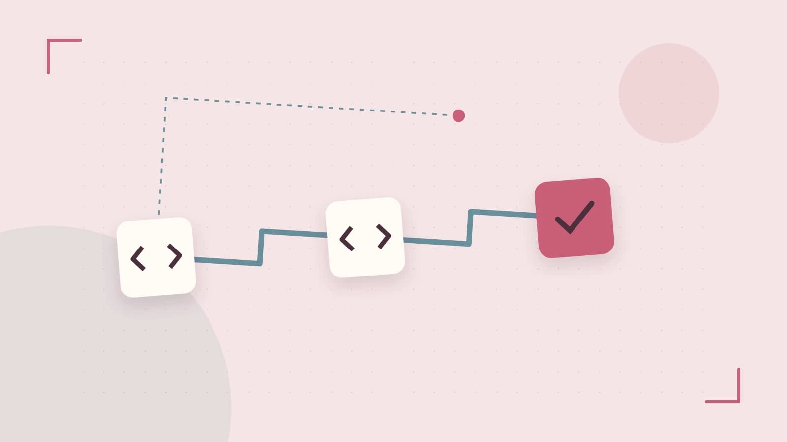 Editorial illustration of a branching build pipeline, staged transformations and a completed check