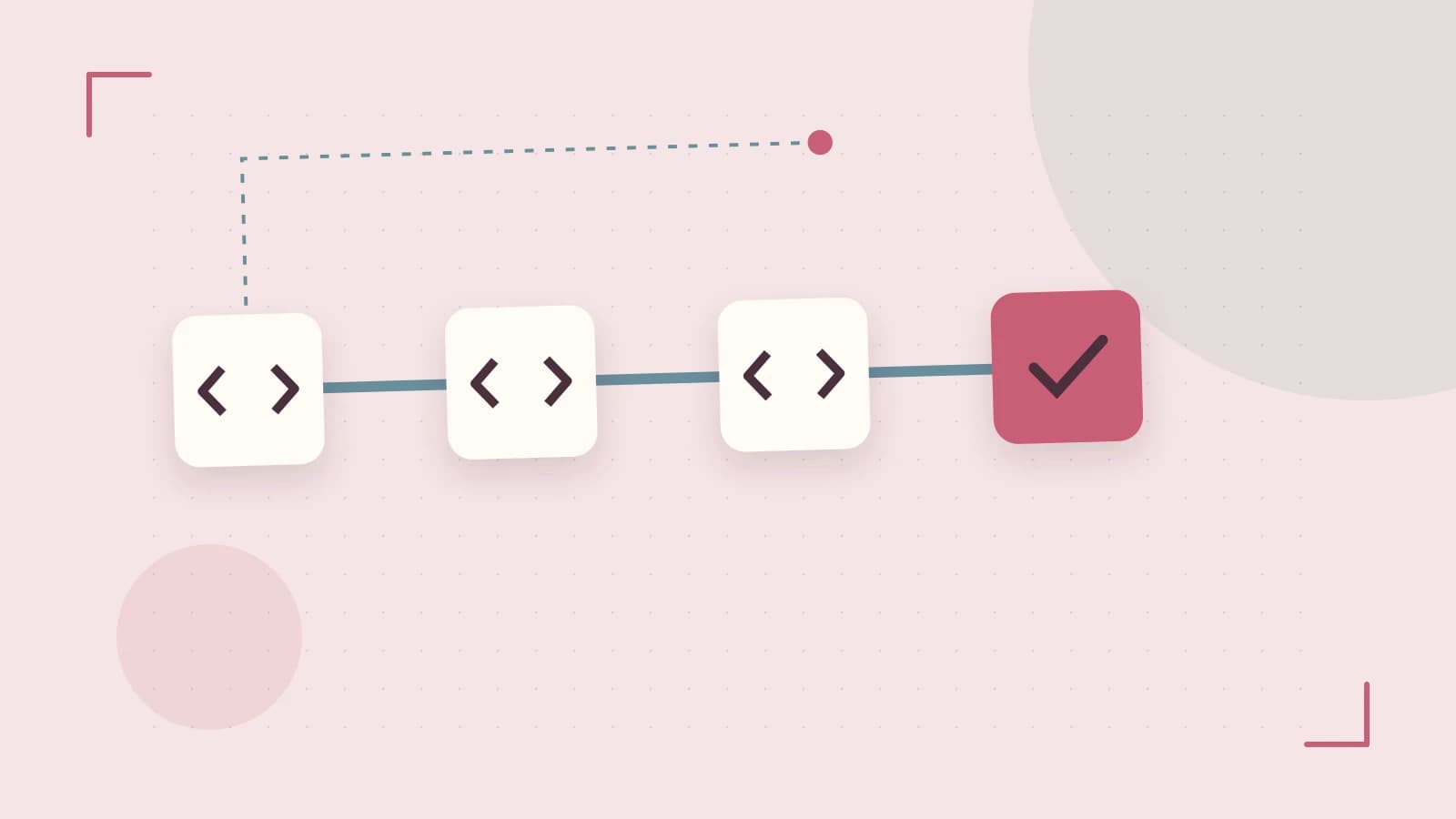 Editorial illustration of a branching build pipeline, staged transformations and a completed check