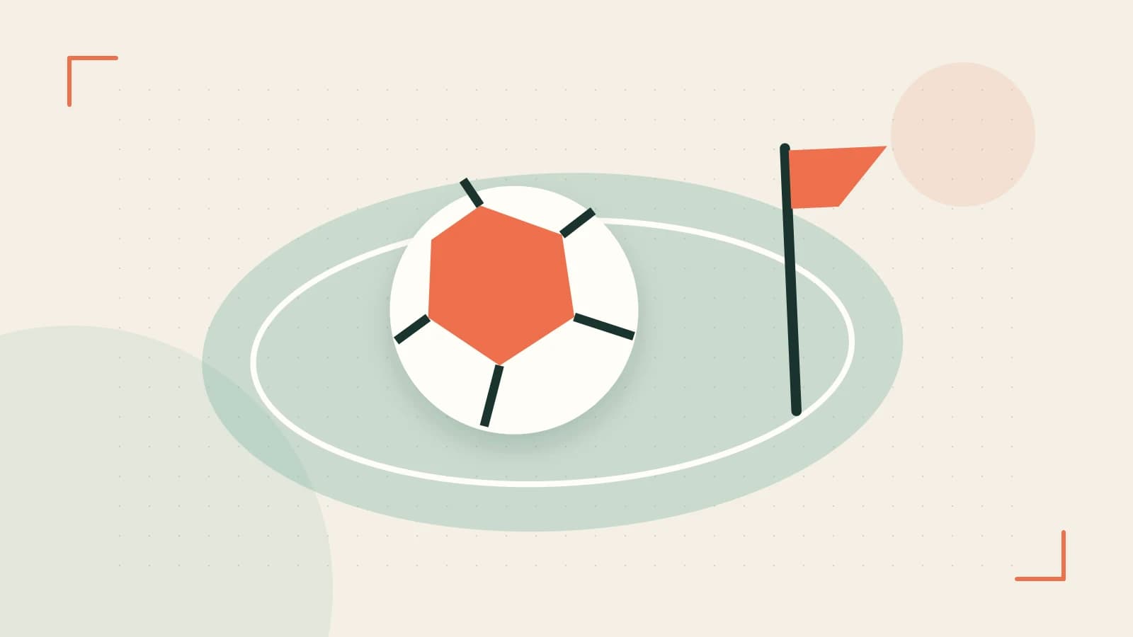 Editorial illustration of a stylized sports ball, stadium geometry and dynamic arcs