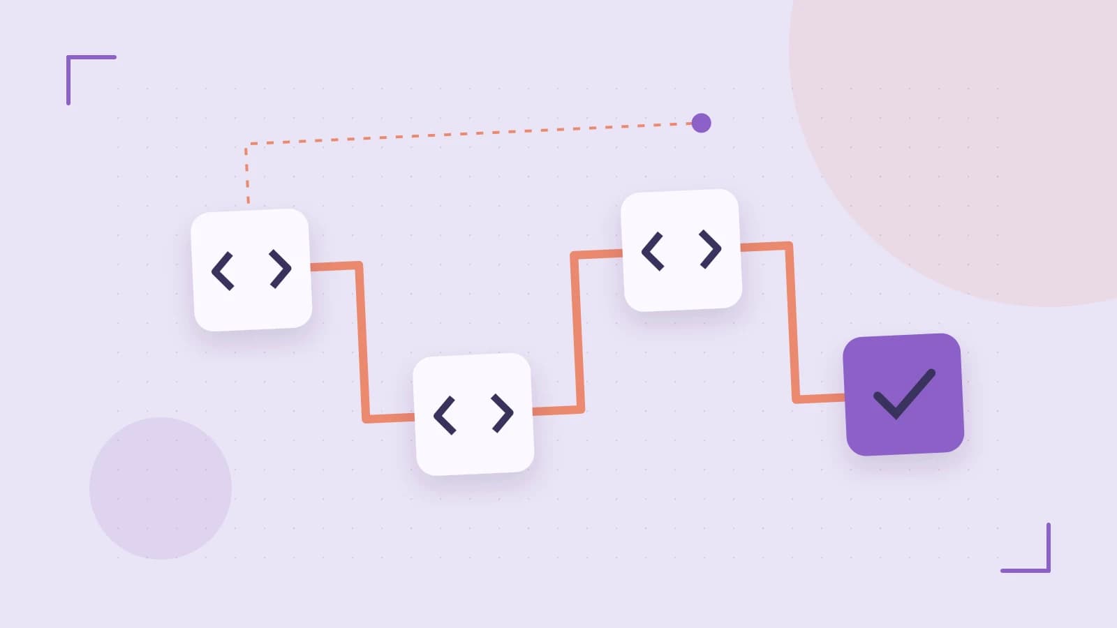 Editorial illustration of a branching build pipeline, staged transformations and a completed check
