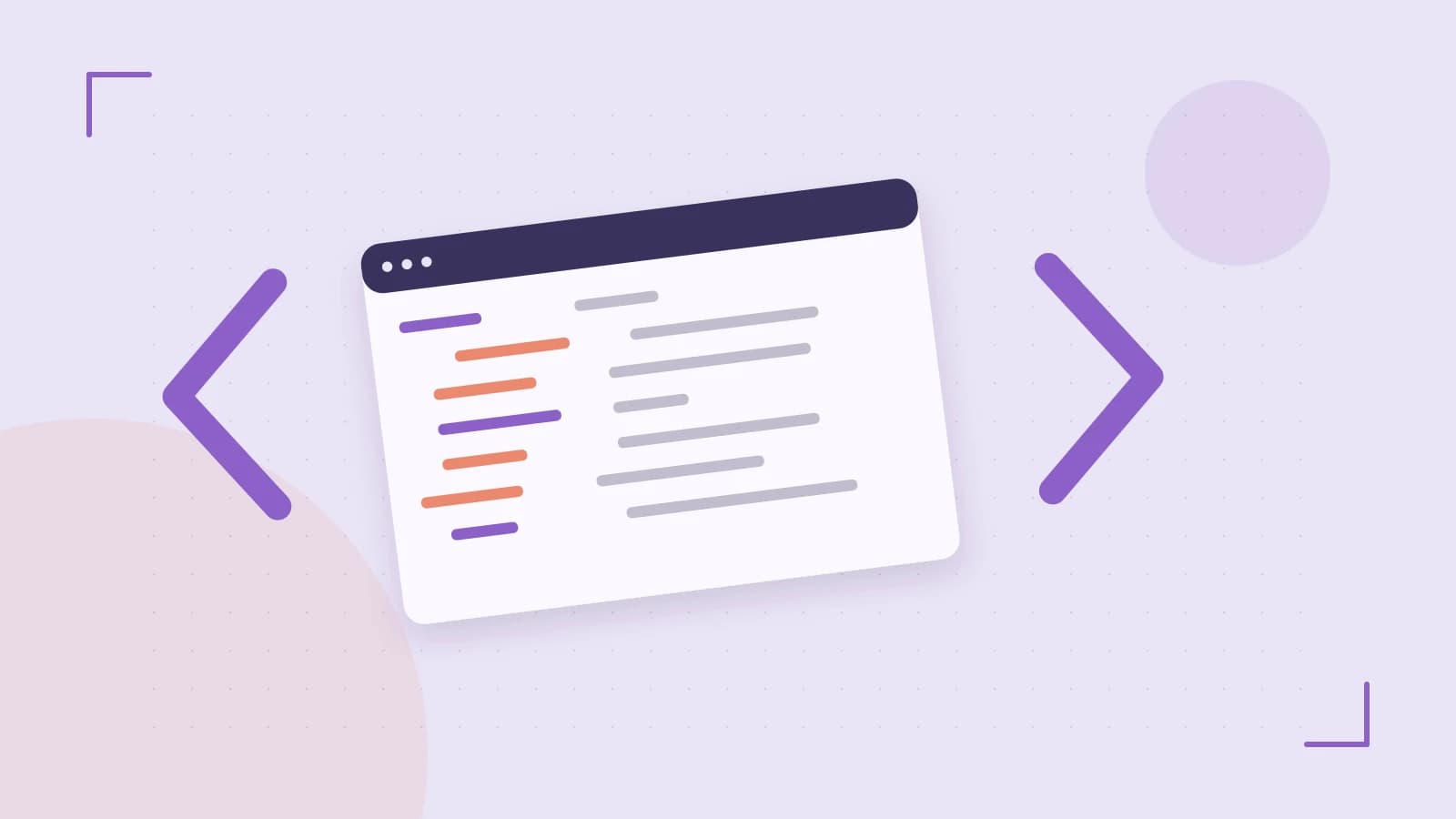 Editorial illustration of an abstract code editor, syntax blocks and oversized programming brackets