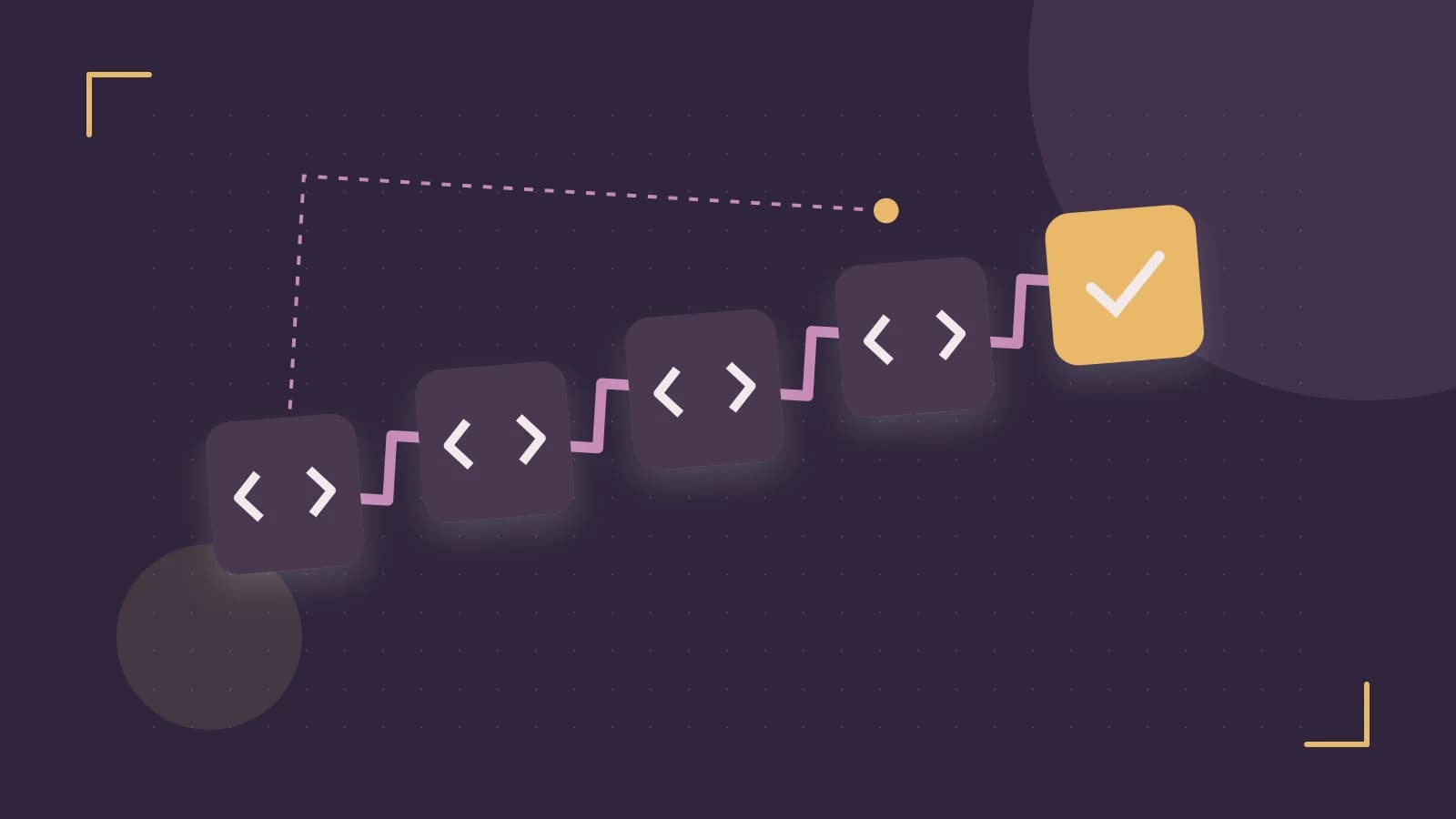 Editorial illustration of a branching build pipeline, staged transformations and a completed check