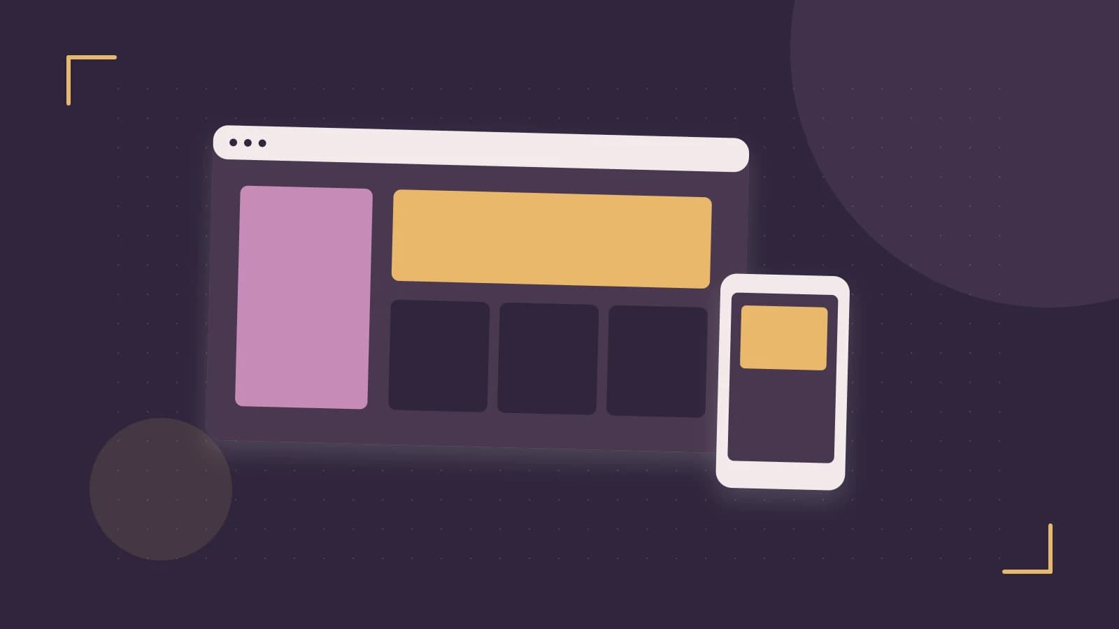 Editorial illustration of responsive browser layouts, overlapping design components and a color system