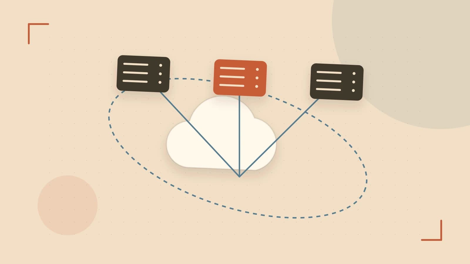 Editorial illustration of cloud infrastructure, connected server racks and an orbital service map