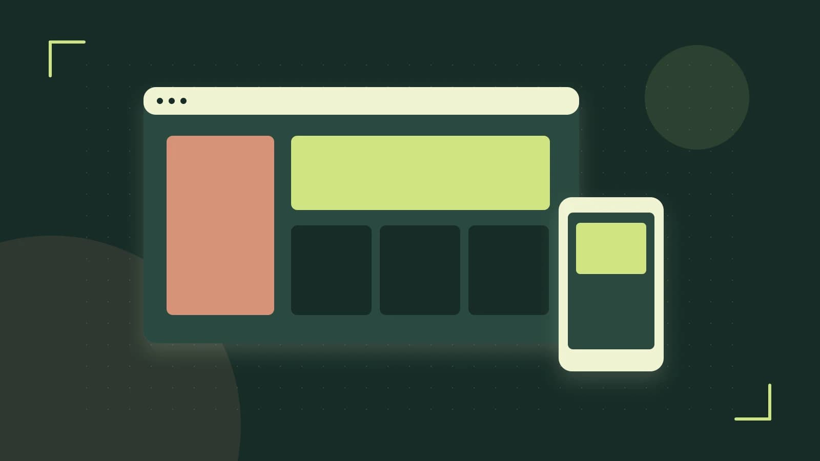 Editorial illustration of responsive browser layouts, overlapping design components and a color system