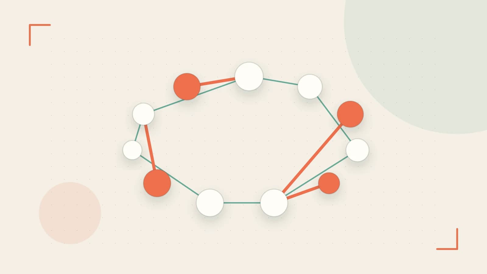 Editorial illustration of an algorithmic node graph with branching paths and a highlighted result