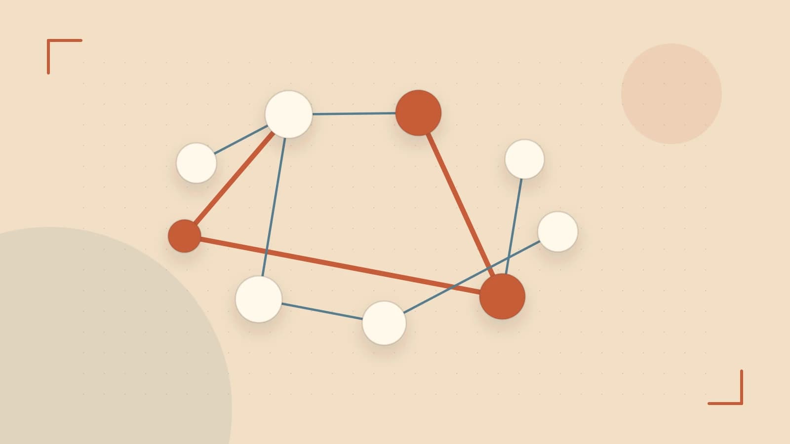 Editorial illustration of an algorithmic node graph with branching paths and a highlighted result