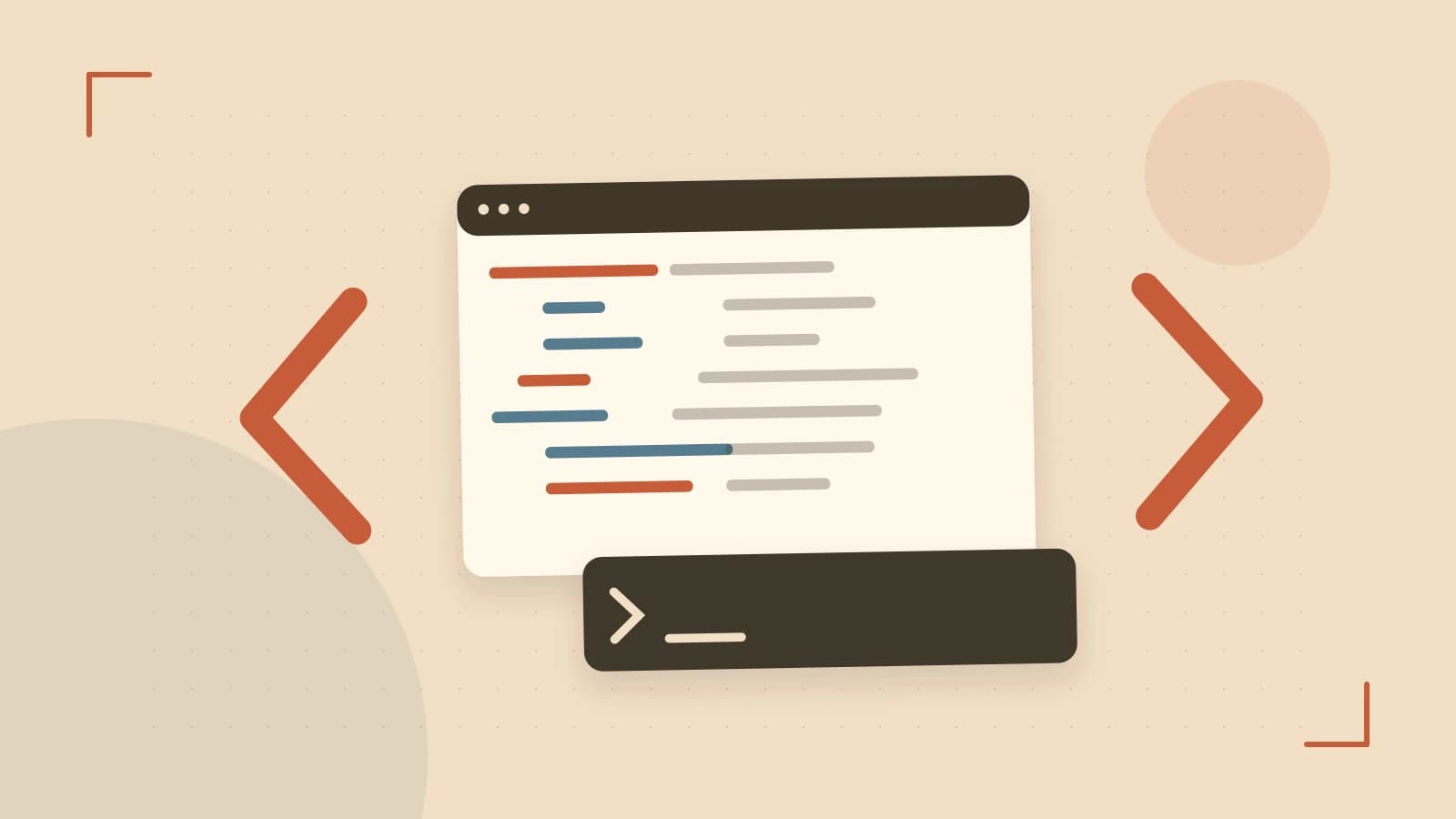 Editorial illustration of an abstract code editor, syntax blocks and oversized programming brackets