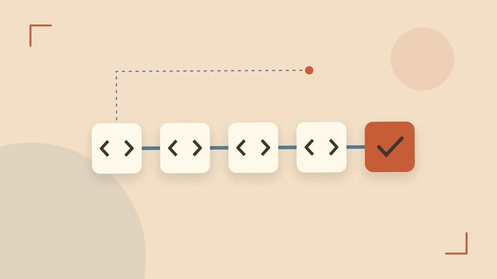 Editorial illustration of a branching build pipeline, staged transformations and a completed check