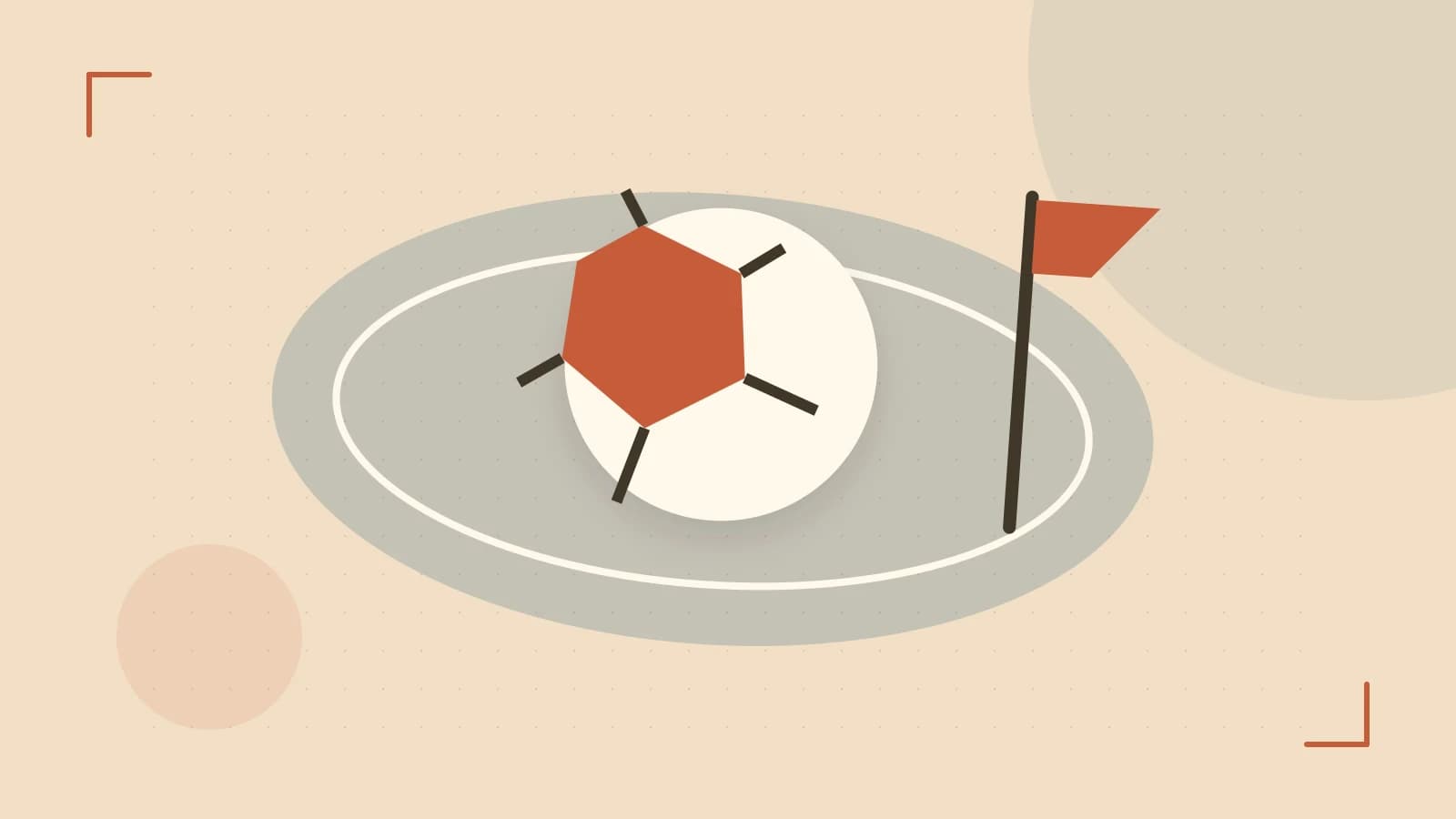 Editorial illustration of a stylized sports ball, stadium geometry and dynamic arcs