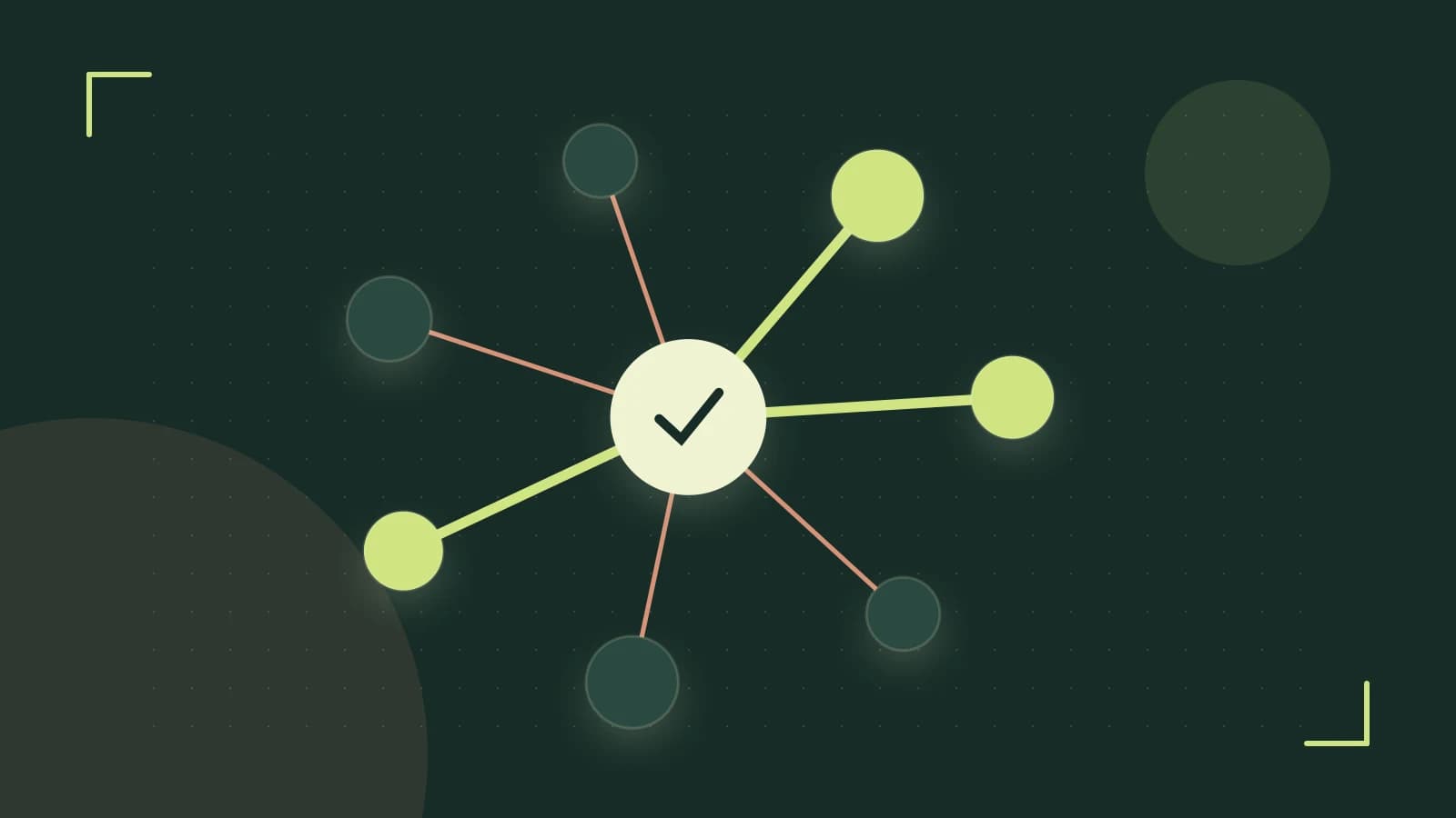 Editorial illustration of an algorithmic node graph with branching paths and a highlighted result