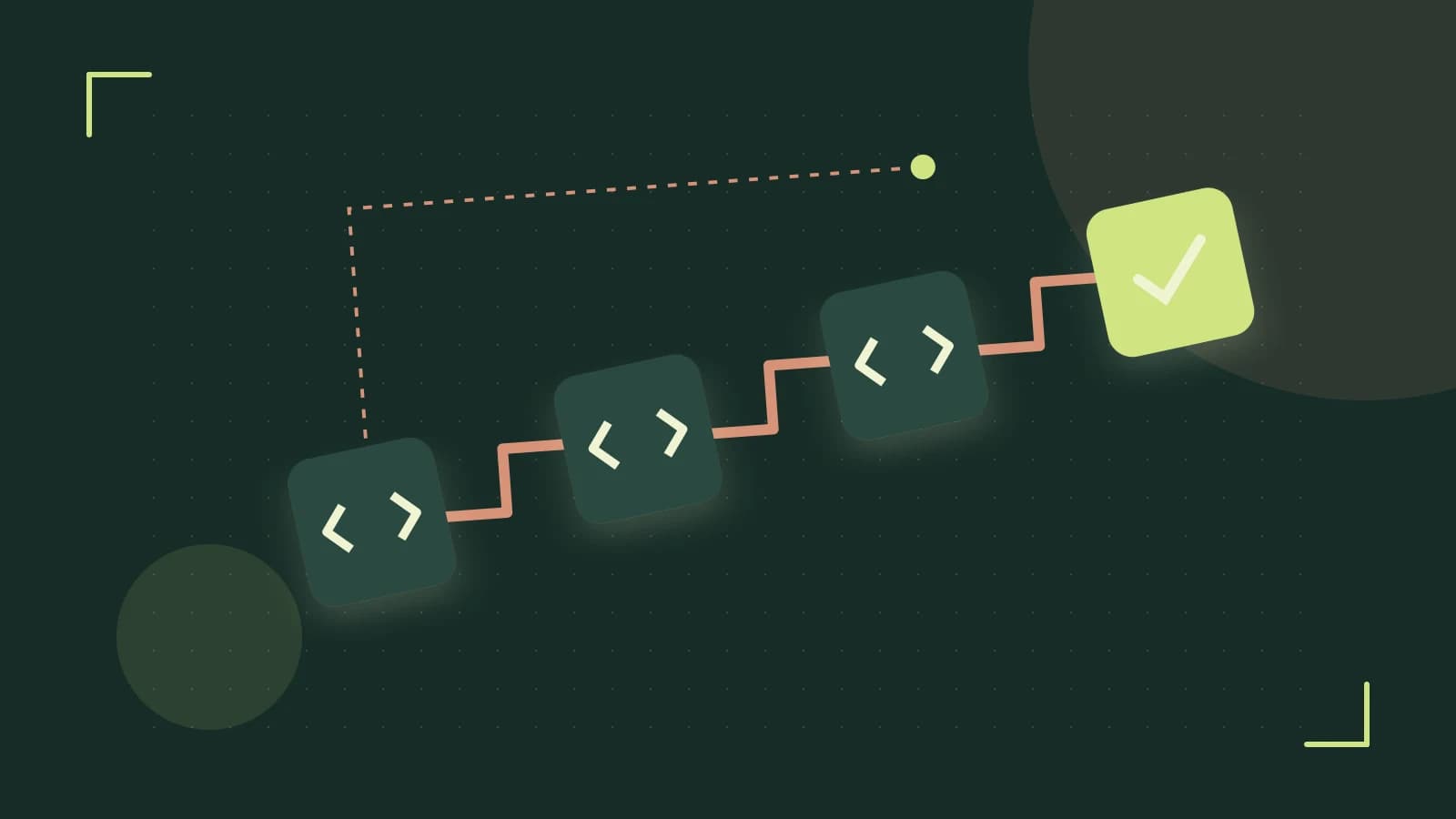 Editorial illustration of a branching build pipeline, staged transformations and a completed check
